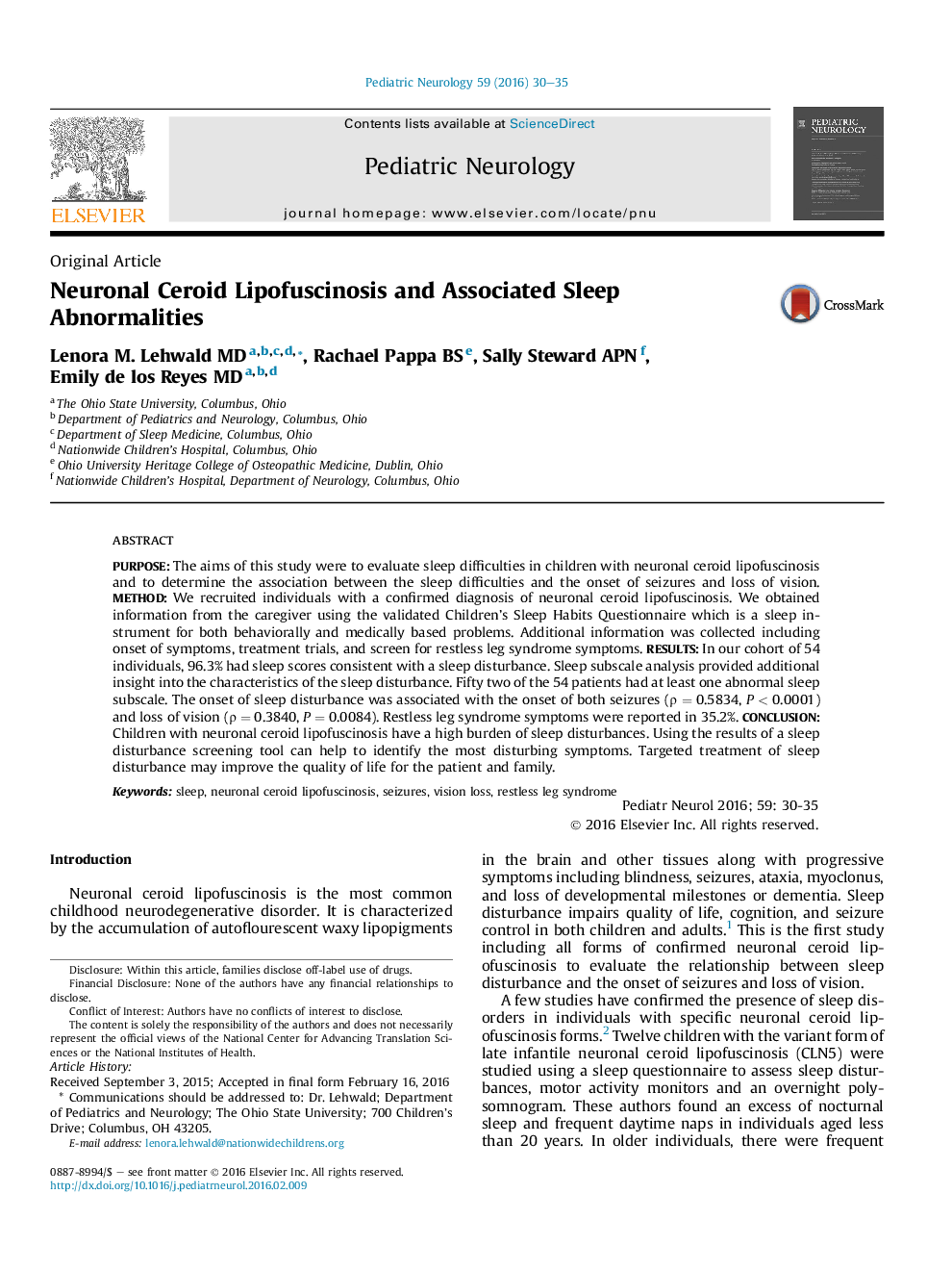 Neuronal Ceroid Lipofuscinosis and Associated Sleep Abnormalities 