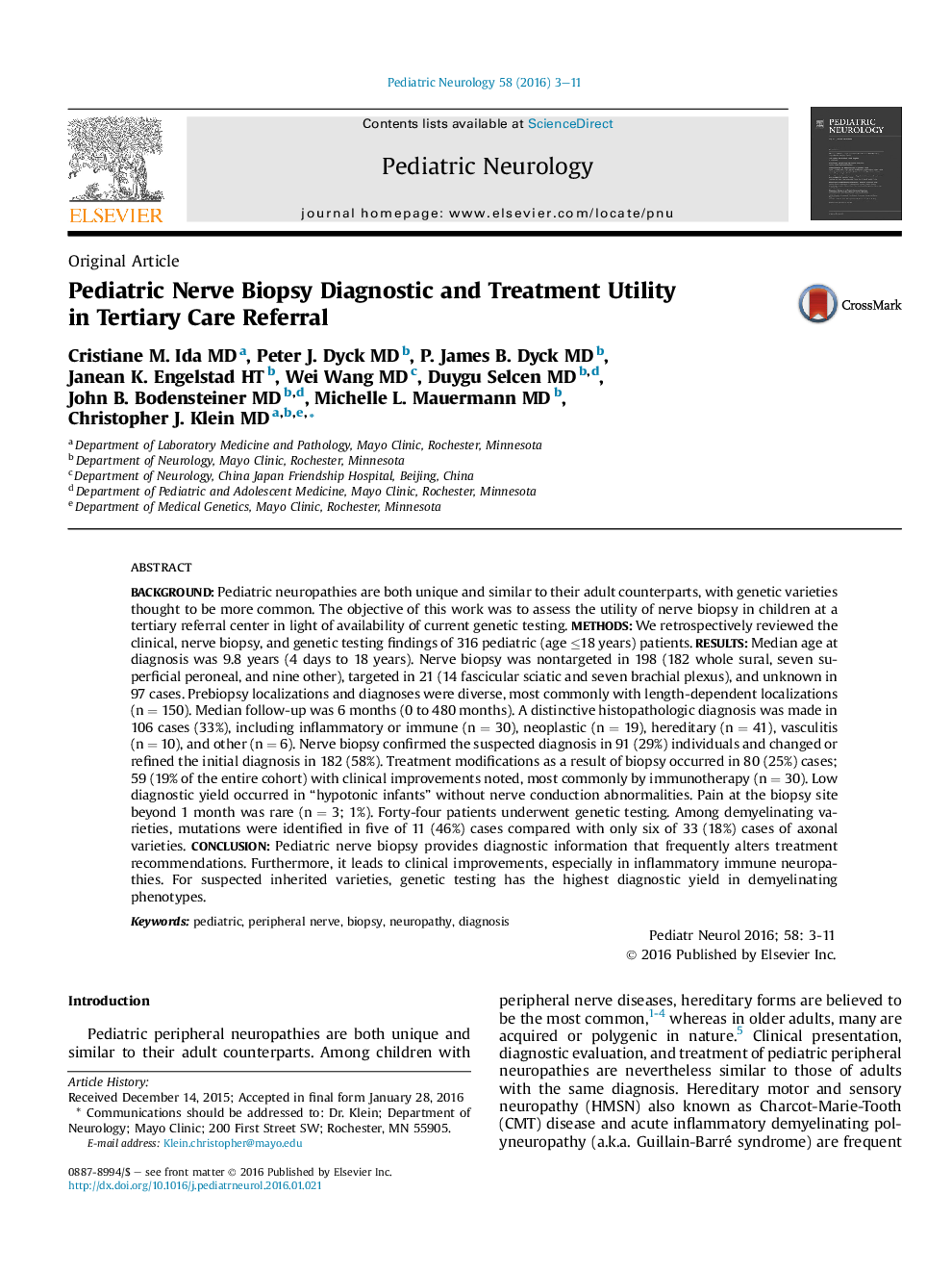 Pediatric Nerve Biopsy Diagnostic and Treatment Utility in Tertiary Care Referral