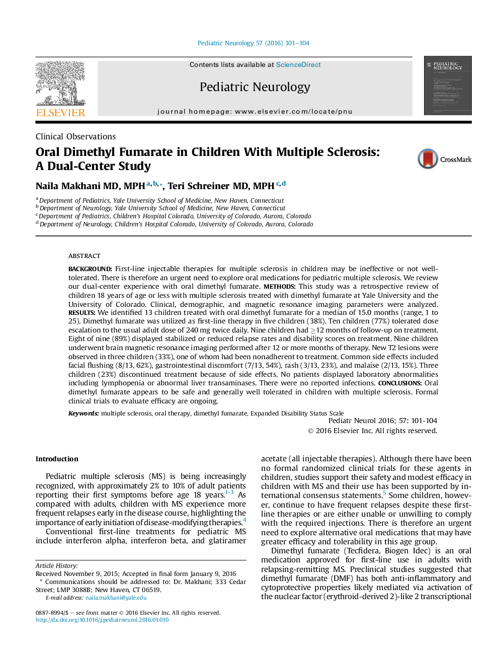 Oral Dimethyl Fumarate in Children With Multiple Sclerosis: A Dual-Center Study