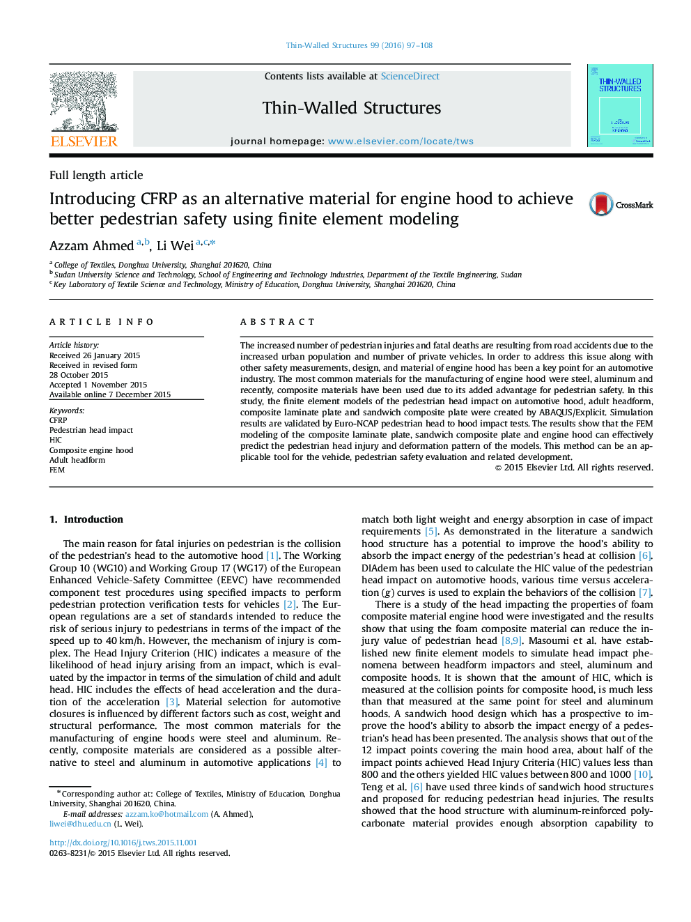 Introducing CFRP as an alternative material for engine hood to achieve better pedestrian safety using finite element modeling