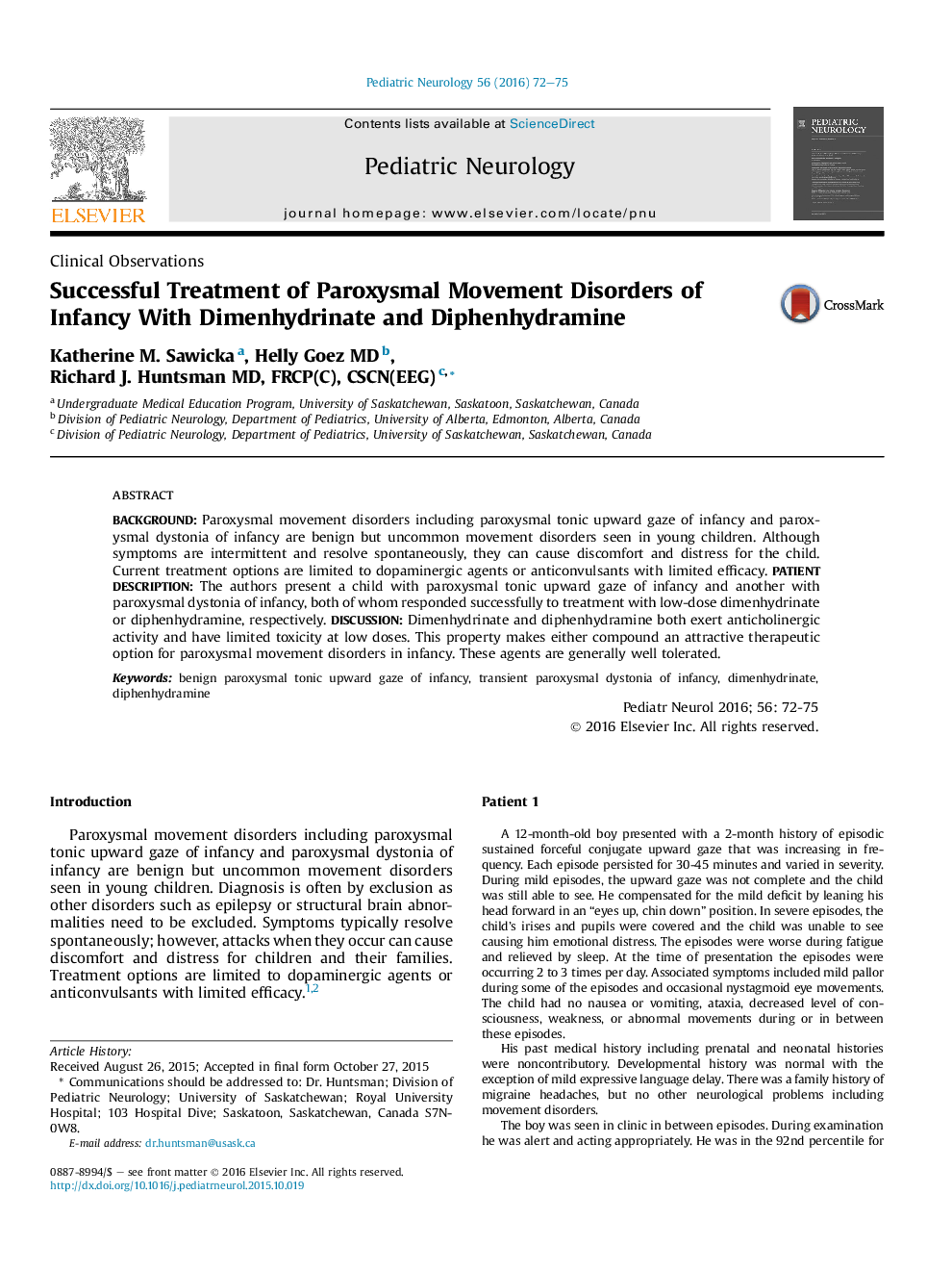 Successful Treatment of Paroxysmal Movement Disorders of Infancy With Dimenhydrinate and Diphenhydramine