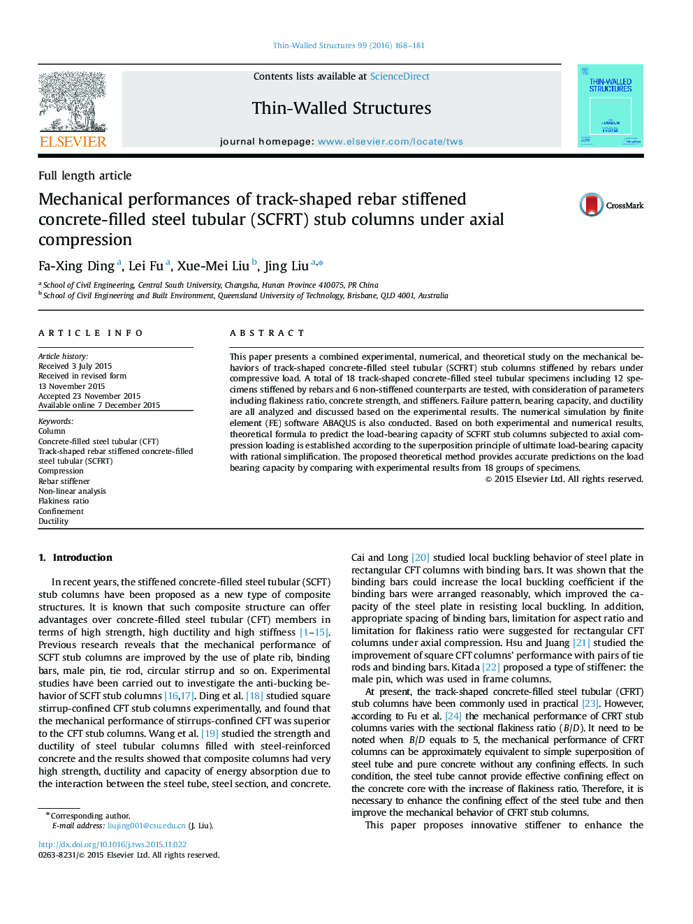 Mechanical performances of track-shaped rebar stiffened concrete-filled steel tubular (SCFRT) stub columns under axial compression