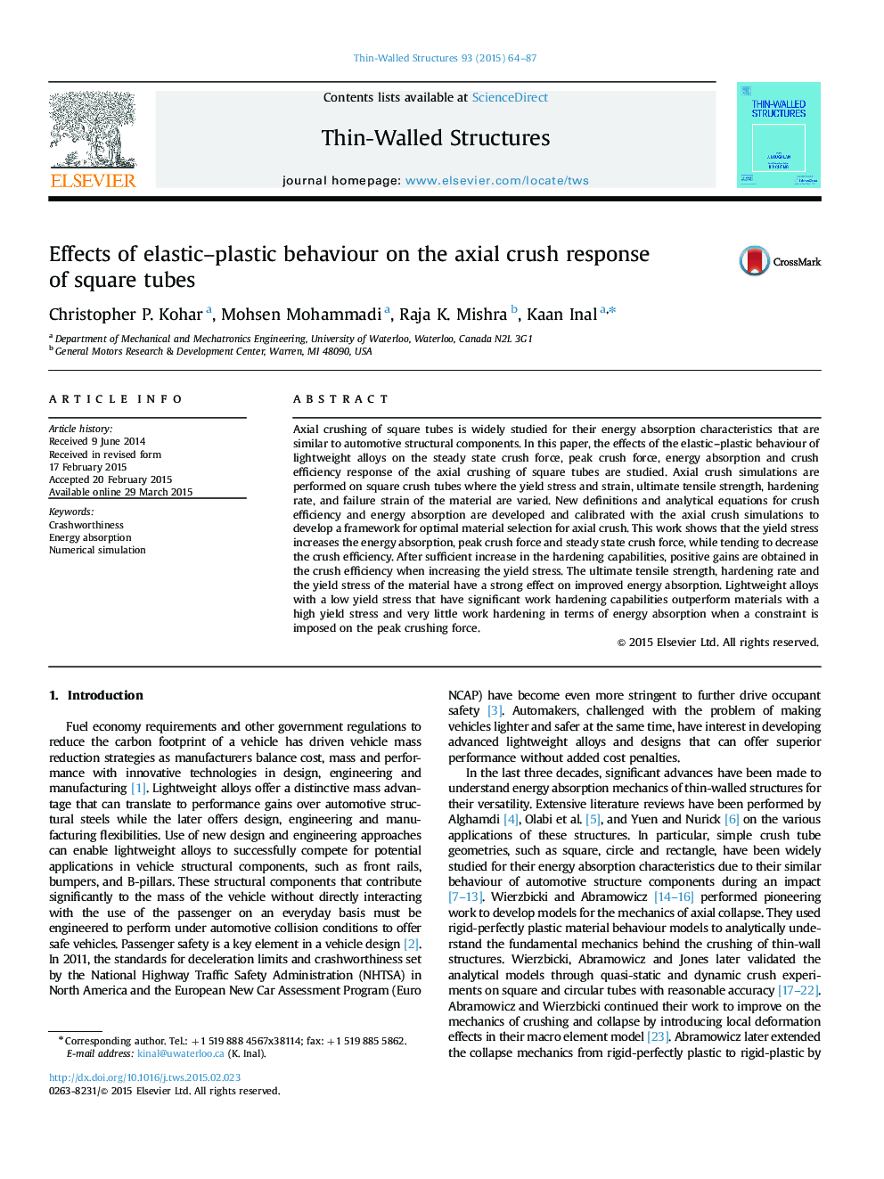 Effects of elastic–plastic behaviour on the axial crush response of square tubes