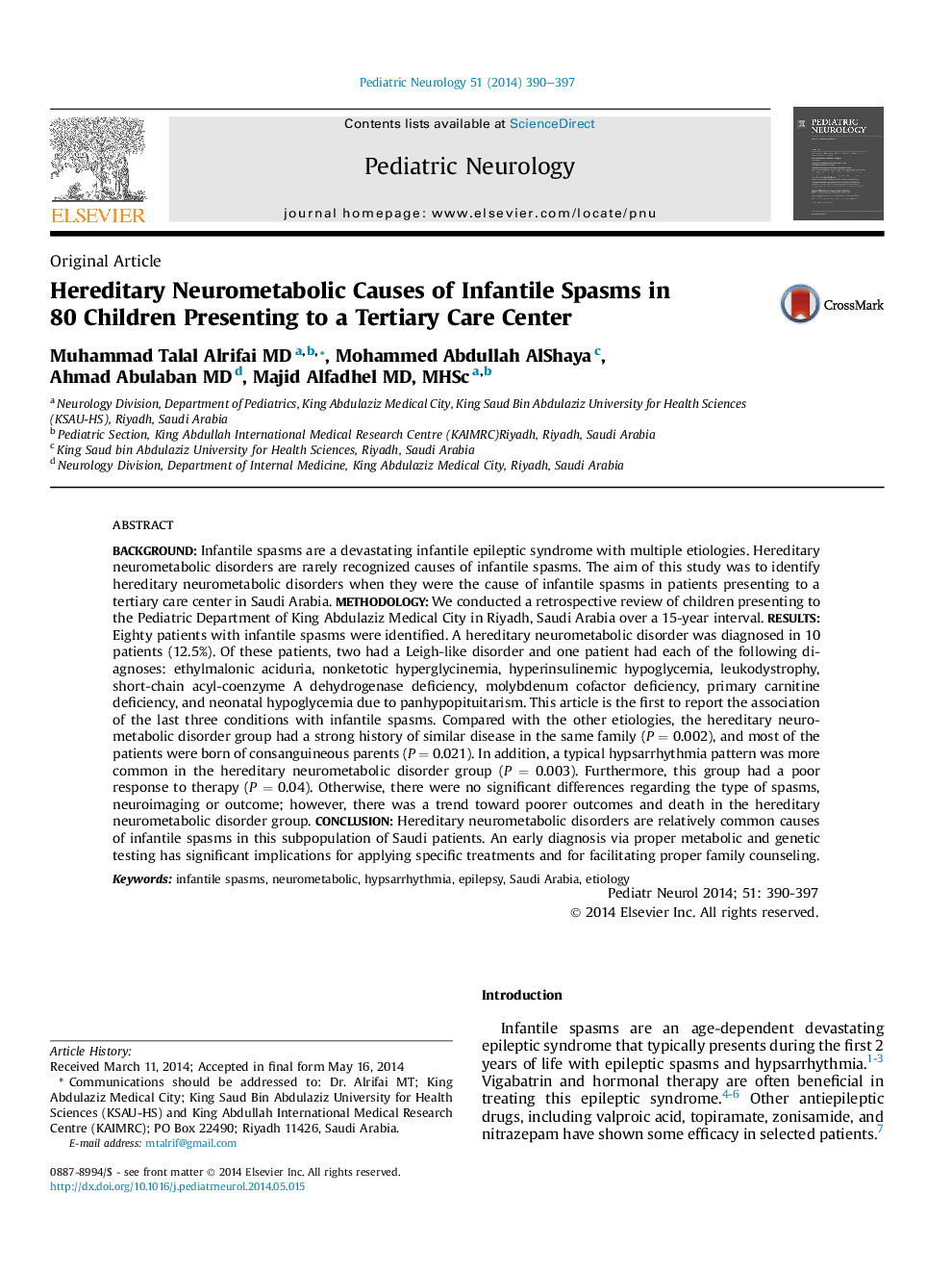 Hereditary Neurometabolic Causes of Infantile Spasms in 80 Children Presenting to a Tertiary Care Center