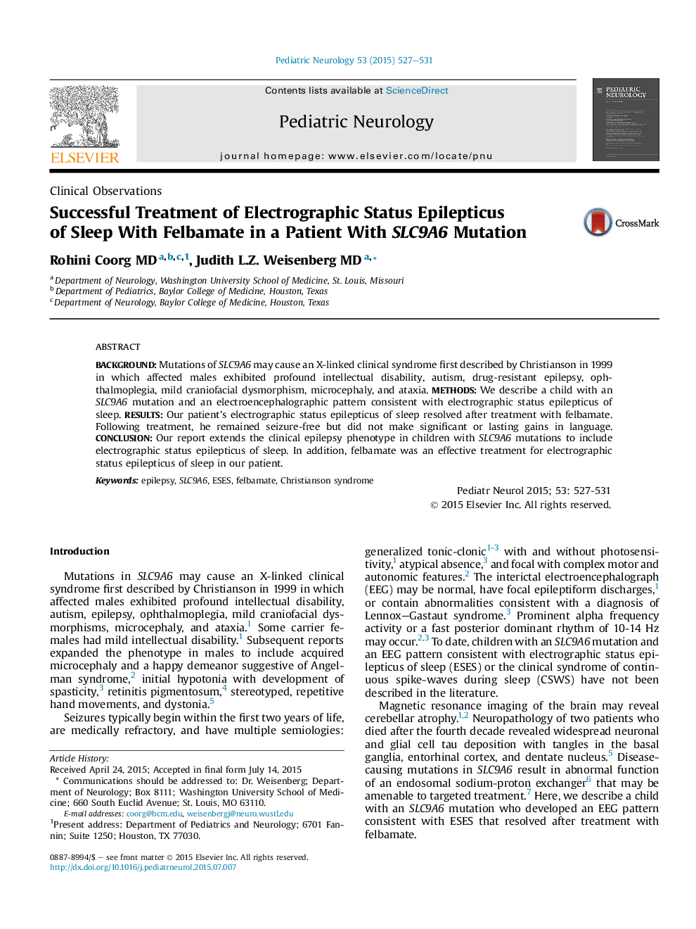 Successful Treatment of Electrographic Status Epilepticus of Sleep With Felbamate in a Patient With SLC9A6 Mutation