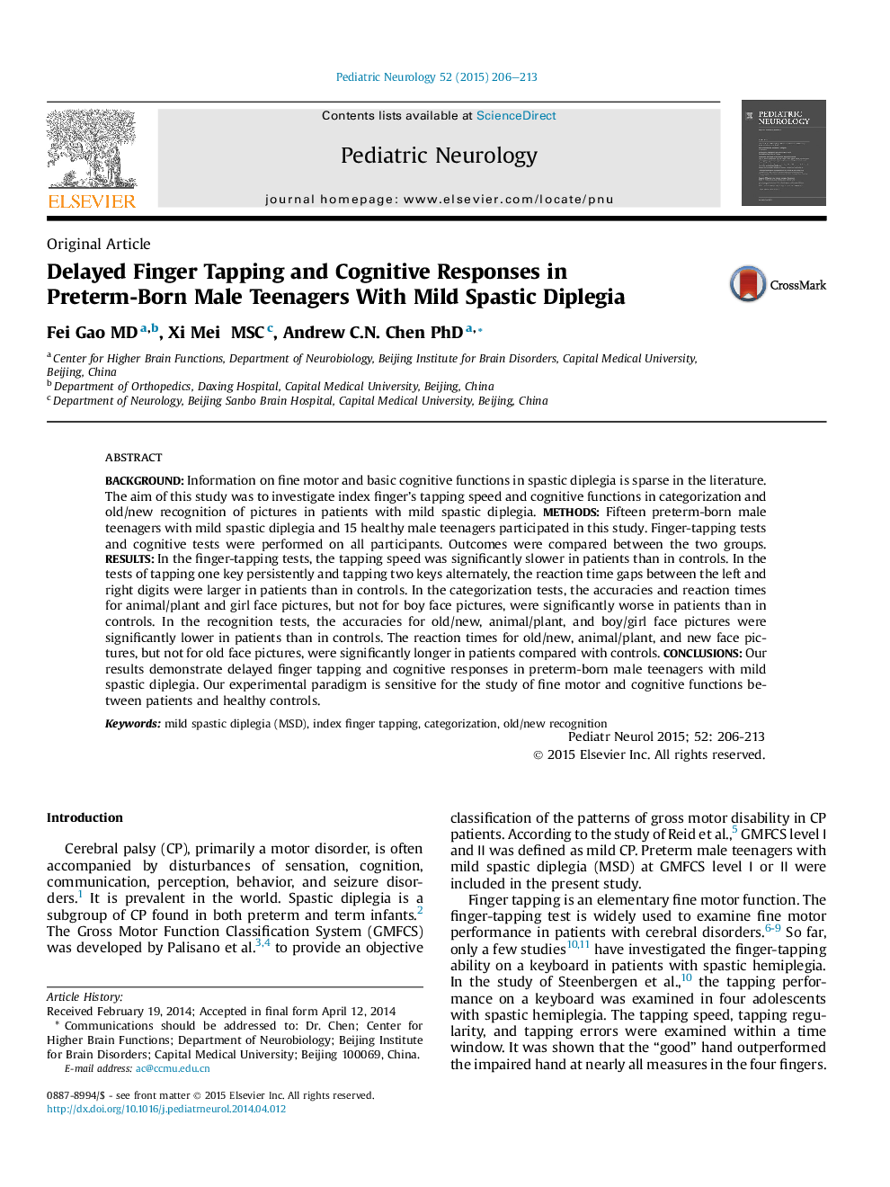 Delayed Finger Tapping and Cognitive Responses in Preterm-Born Male Teenagers With Mild Spastic Diplegia