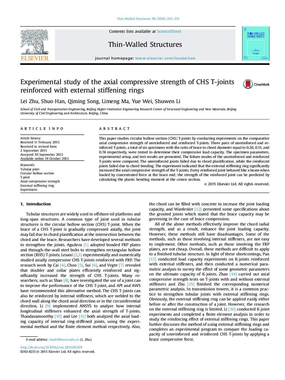 Experimental study of the axial compressive strength of CHS T-joints reinforced with external stiffening rings