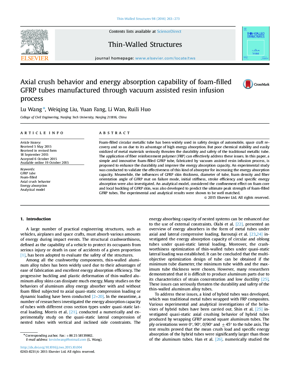 Axial crush behavior and energy absorption capability of foam-filled GFRP tubes manufactured through vacuum assisted resin infusion process