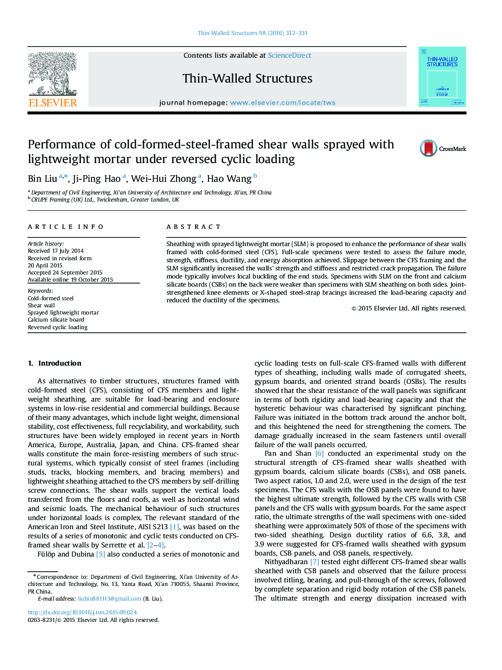 Performance of cold-formed-steel-framed shear walls sprayed with lightweight mortar under reversed cyclic loading