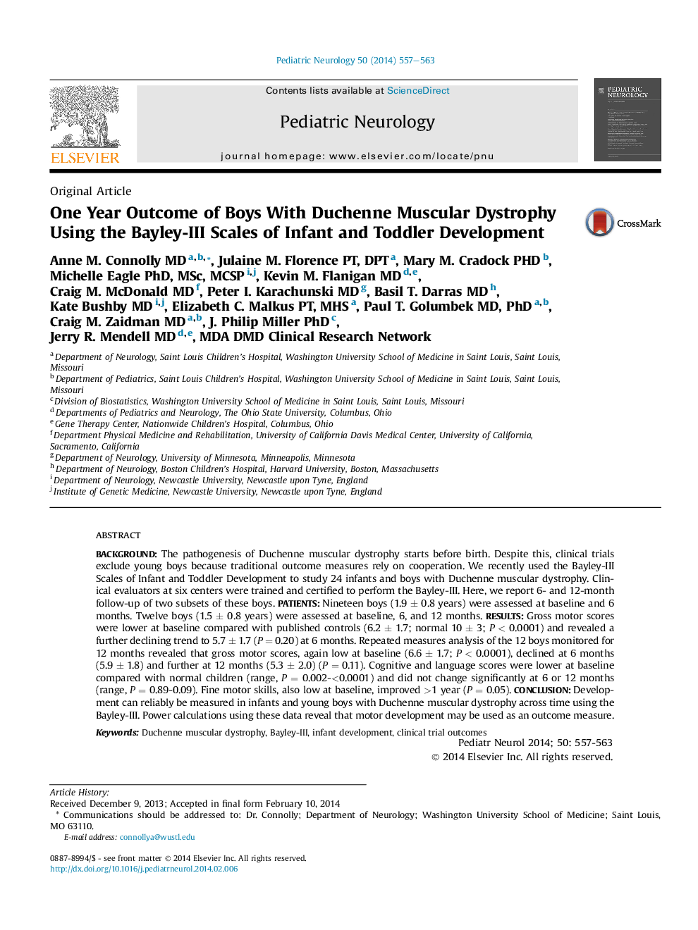 One Year Outcome of Boys With Duchenne Muscular Dystrophy Using the Bayley-III Scales of Infant and Toddler Development