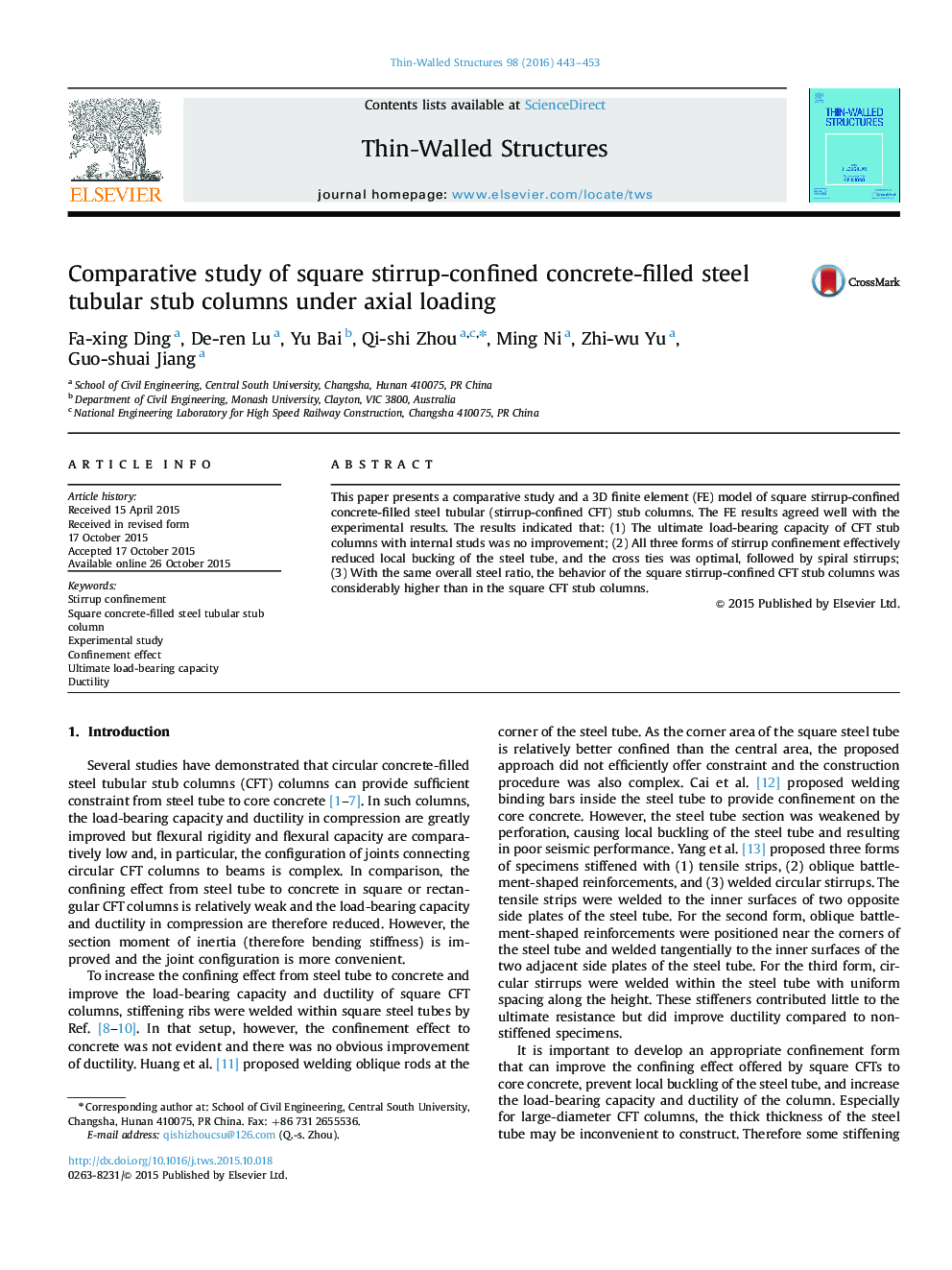 Comparative study of square stirrup-confined concrete-filled steel tubular stub columns under axial loading