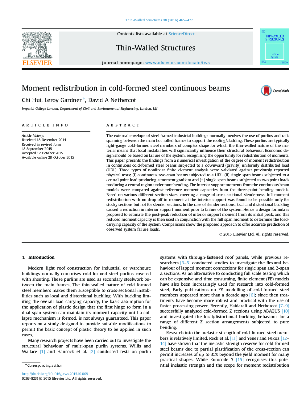 Moment redistribution in cold-formed steel continuous beams