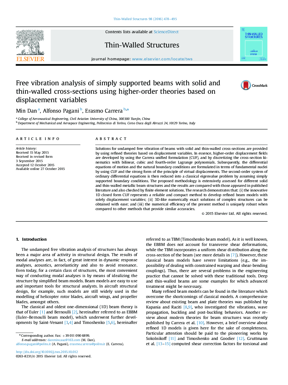 Free vibration analysis of simply supported beams with solid and thin-walled cross-sections using higher-order theories based on displacement variables