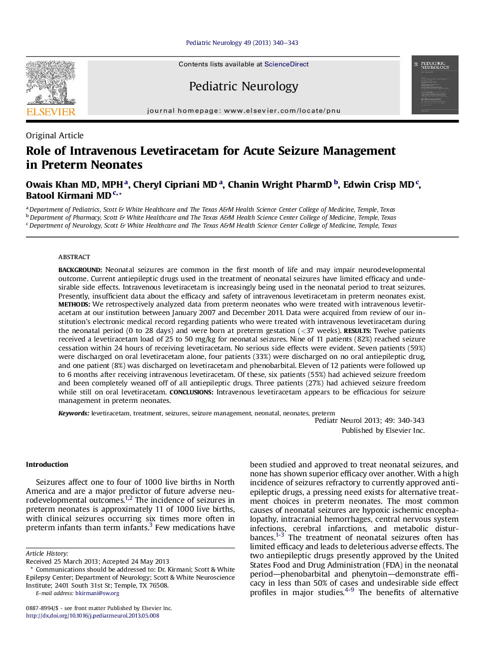 Role of Intravenous Levetiracetam for Acute Seizure Management in Preterm Neonates