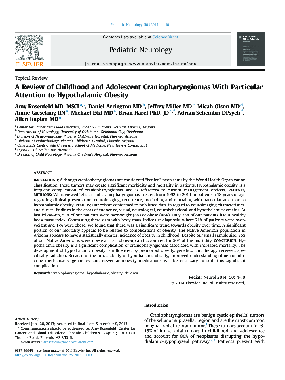 A Review of Childhood and Adolescent Craniopharyngiomas With Particular Attention to Hypothalamic Obesity