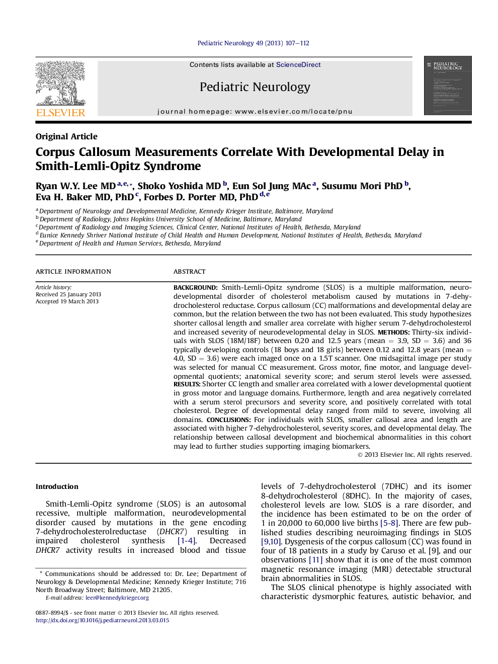 Corpus Callosum Measurements Correlate With Developmental Delay in Smith-Lemli-Opitz Syndrome
