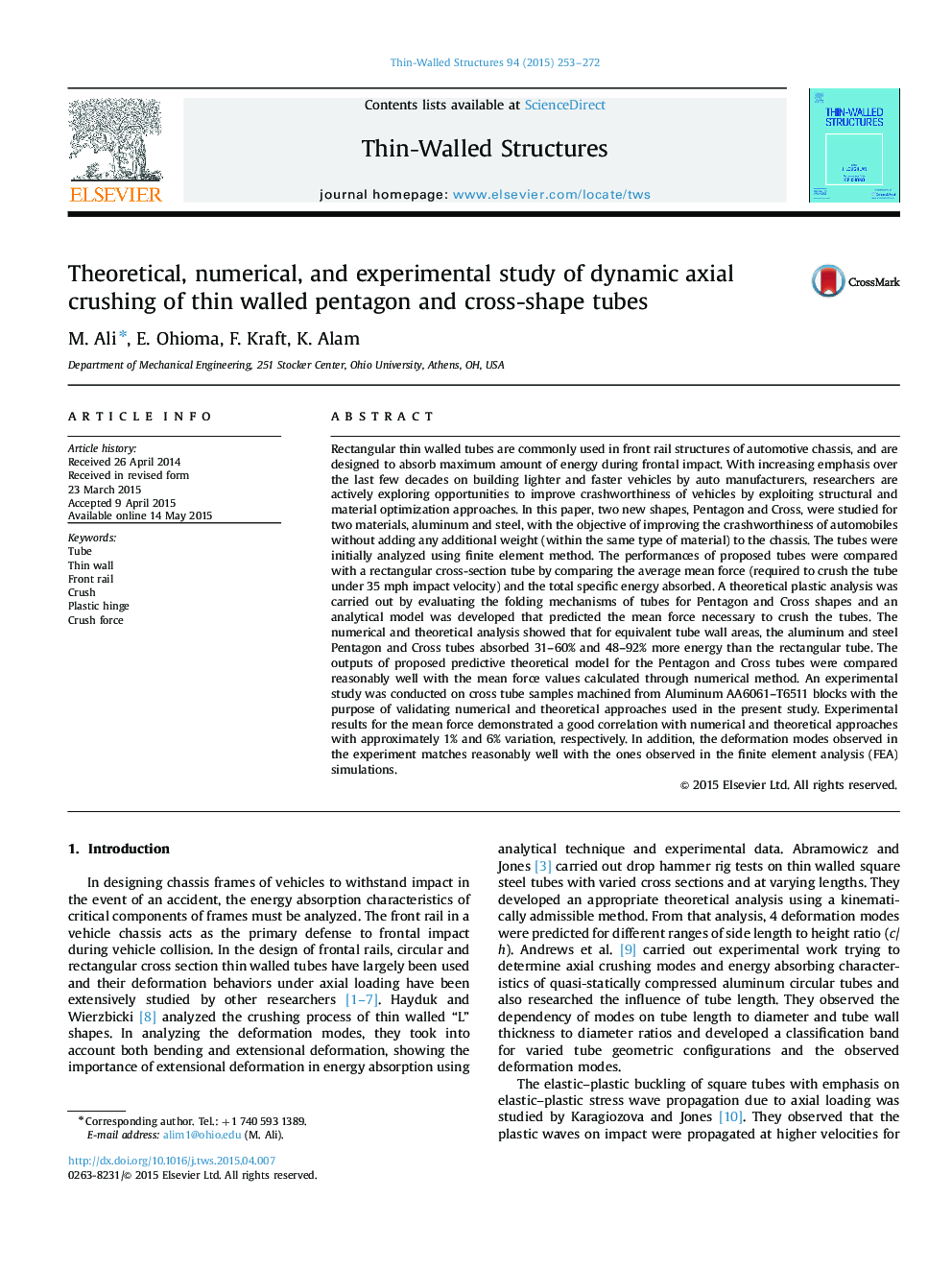 Theoretical, numerical, and experimental study of dynamic axial crushing of thin walled pentagon and cross-shape tubes