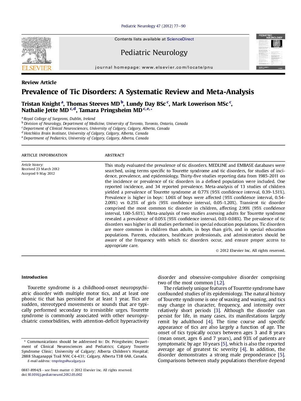 عکس صفحه اول مقاله: Prevalence of Tic Disorders: A Systematic Review and Meta-Analysis Prevalence of Tic Disorders: A Systematic Review and Meta-Analysis