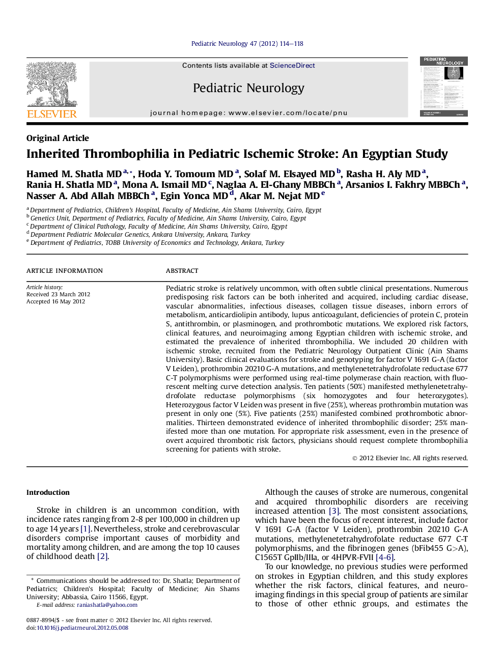 Inherited Thrombophilia in Pediatric Ischemic Stroke: An Egyptian Study