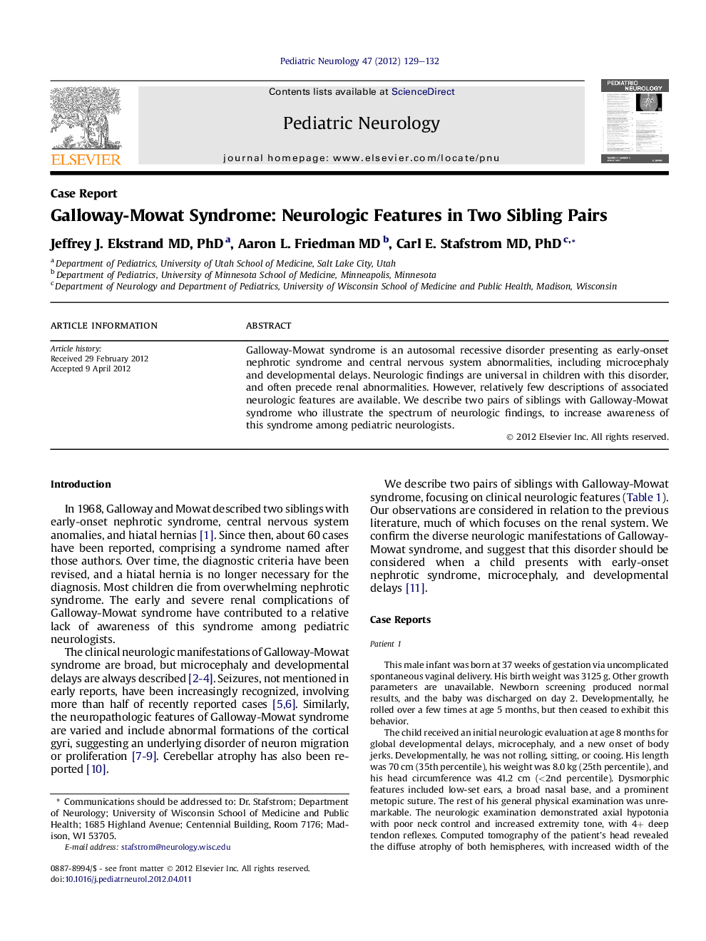 Galloway-Mowat Syndrome: Neurologic Features in Two Sibling Pairs