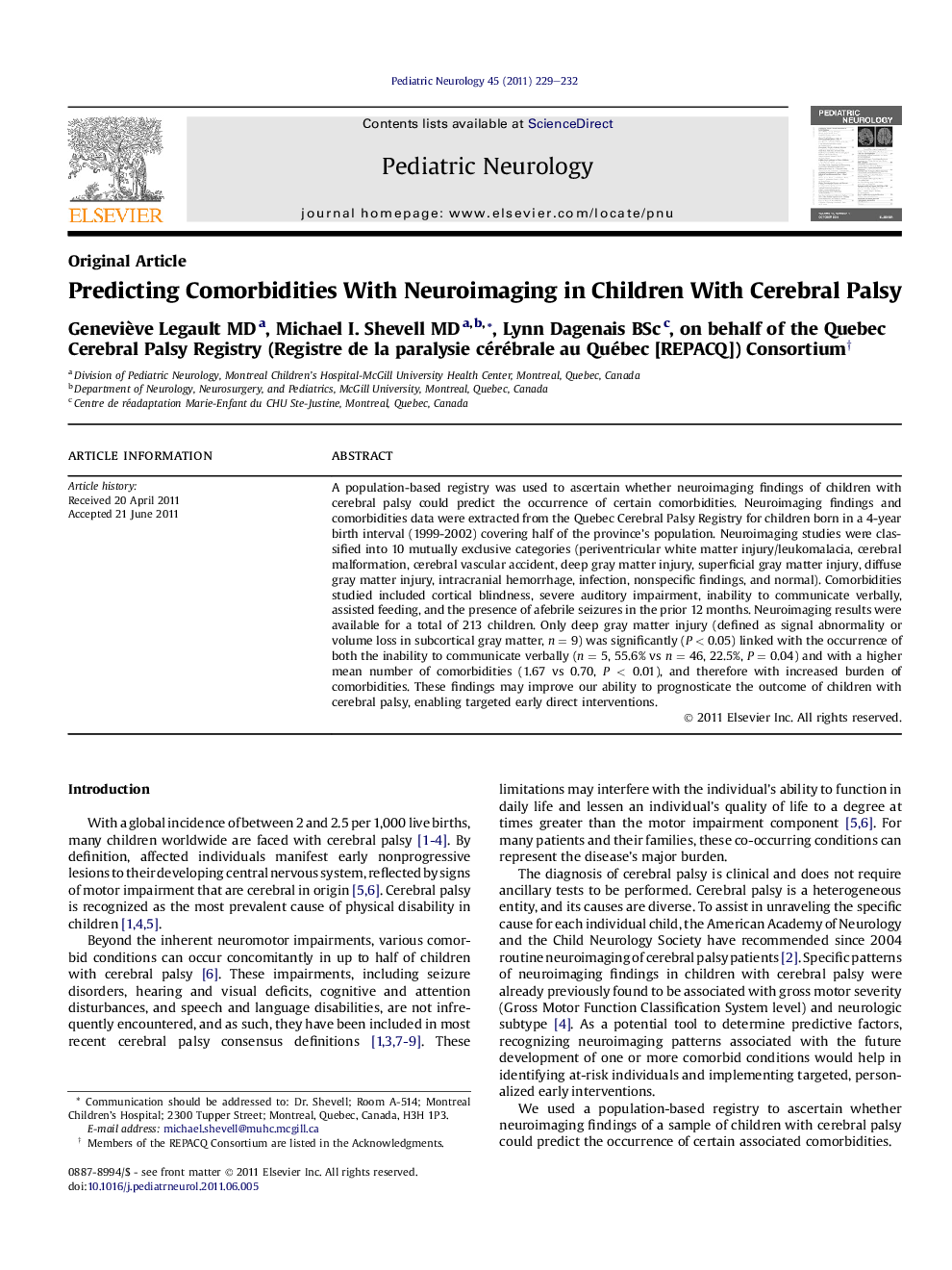 عکس صفحه اول مقاله: Predicting Comorbidities With Neuroimaging in Children With Cerebral Palsy Predicting Comorbidities With Neuroimaging in Children With Cerebral Palsy