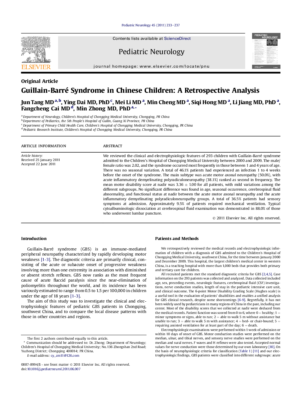Guillain-Barré Syndrome in Chinese Children: A Retrospective Analysis