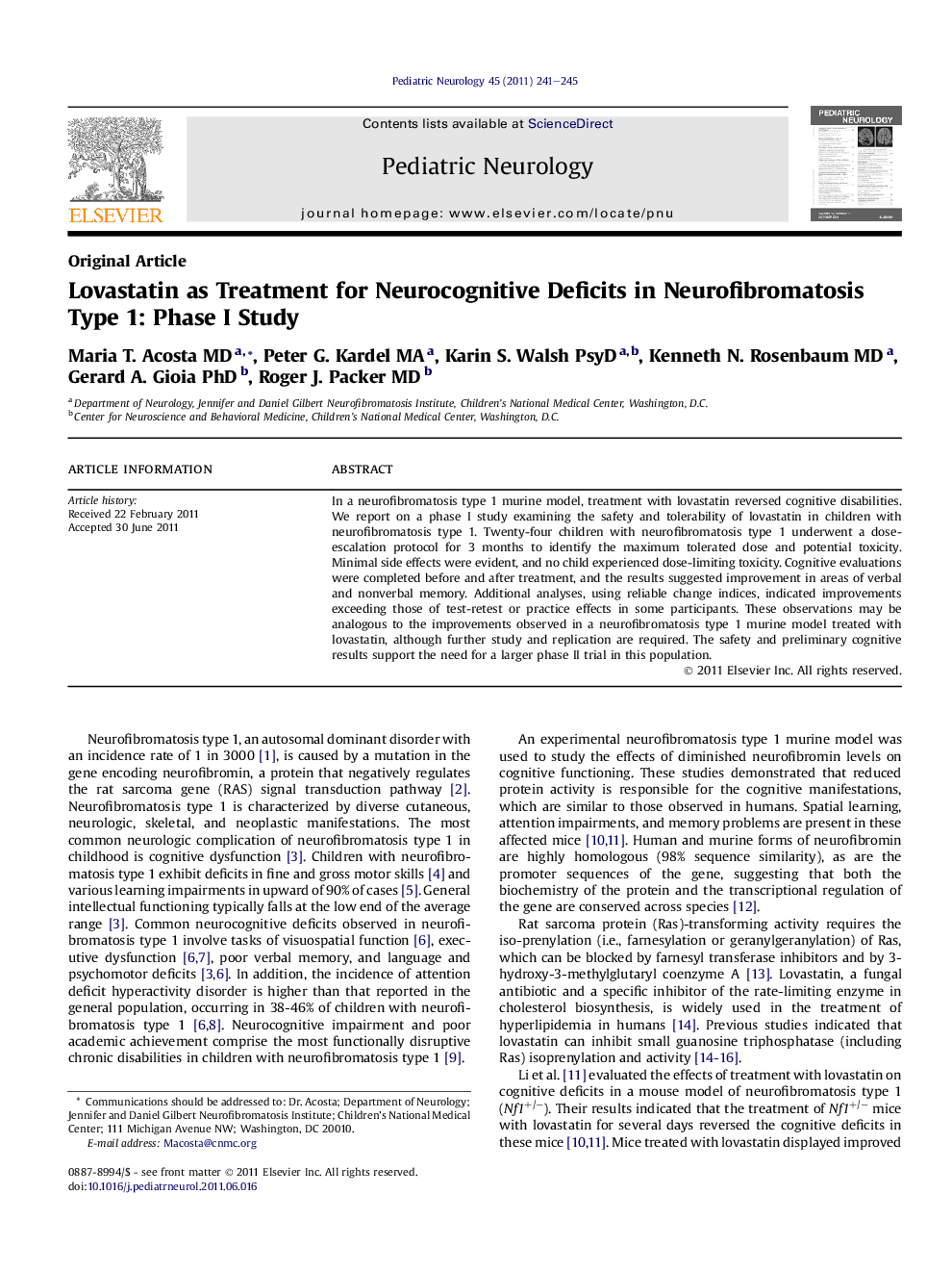 Lovastatin as Treatment for Neurocognitive Deficits in Neurofibromatosis Type 1: Phase I Study