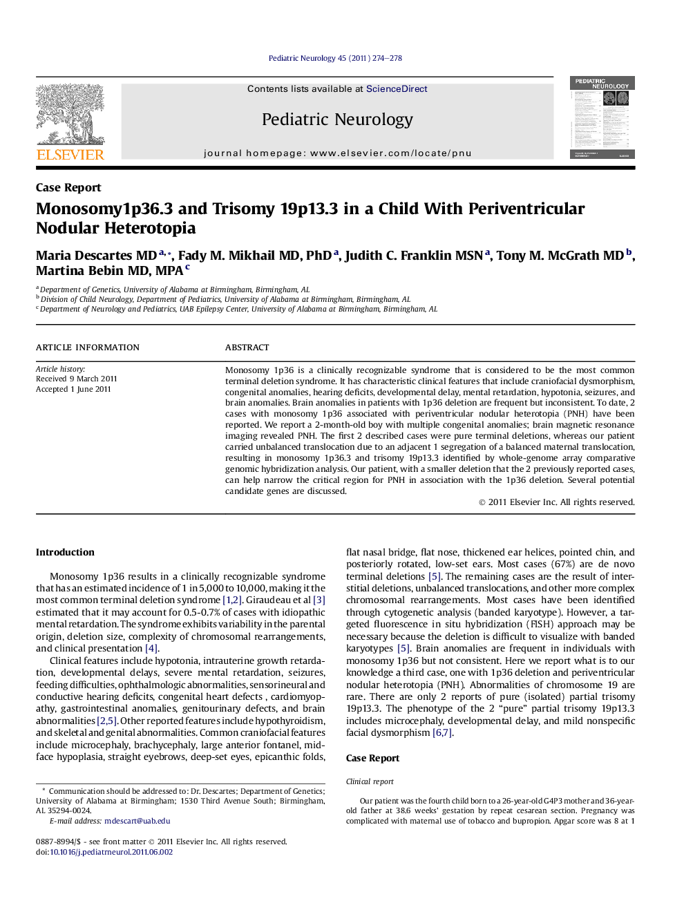 Monosomy1p36.3 and Trisomy 19p13.3 in a Child With Periventricular Nodular Heterotopia