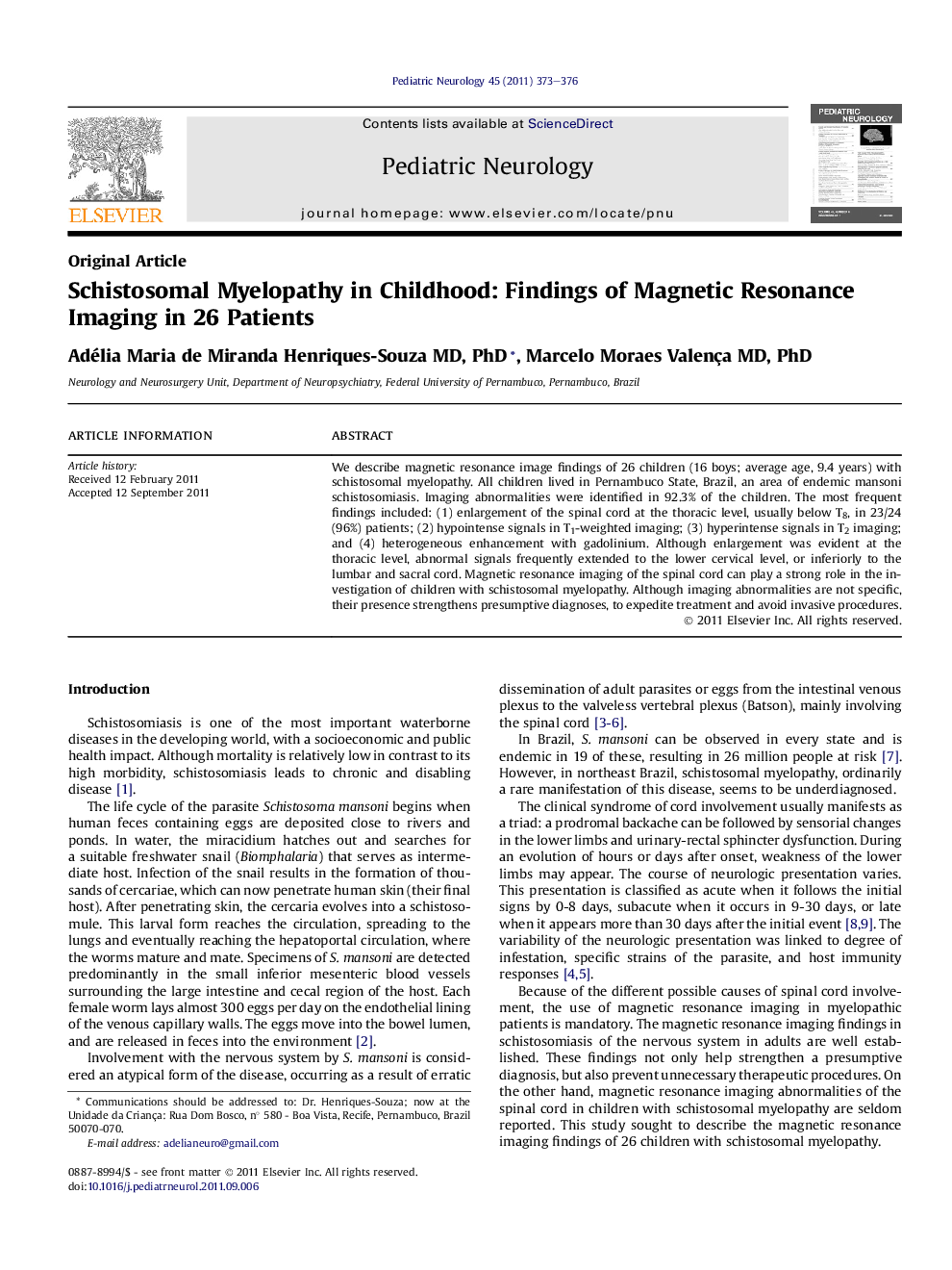 عکس صفحه اول مقاله: Schistosomal Myelopathy in Childhood: Findings of Magnetic Resonance Imaging in 26 Patients Schistosomal Myelopathy in Childhood: Findings of Magnetic Resonance Imaging in 26 Patients