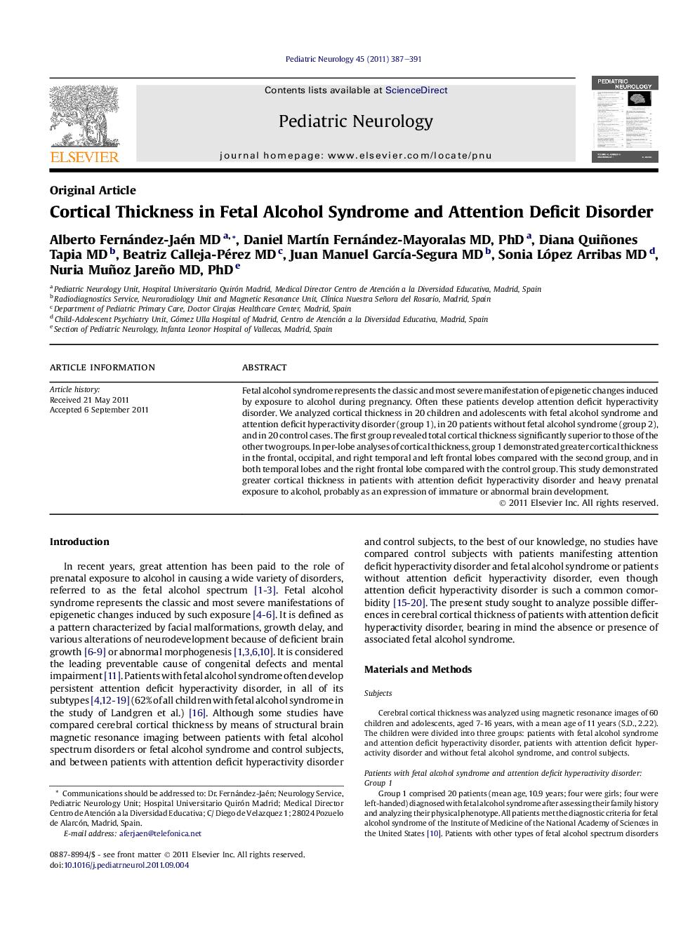 Cortical Thickness in Fetal Alcohol Syndrome and Attention Deficit Disorder