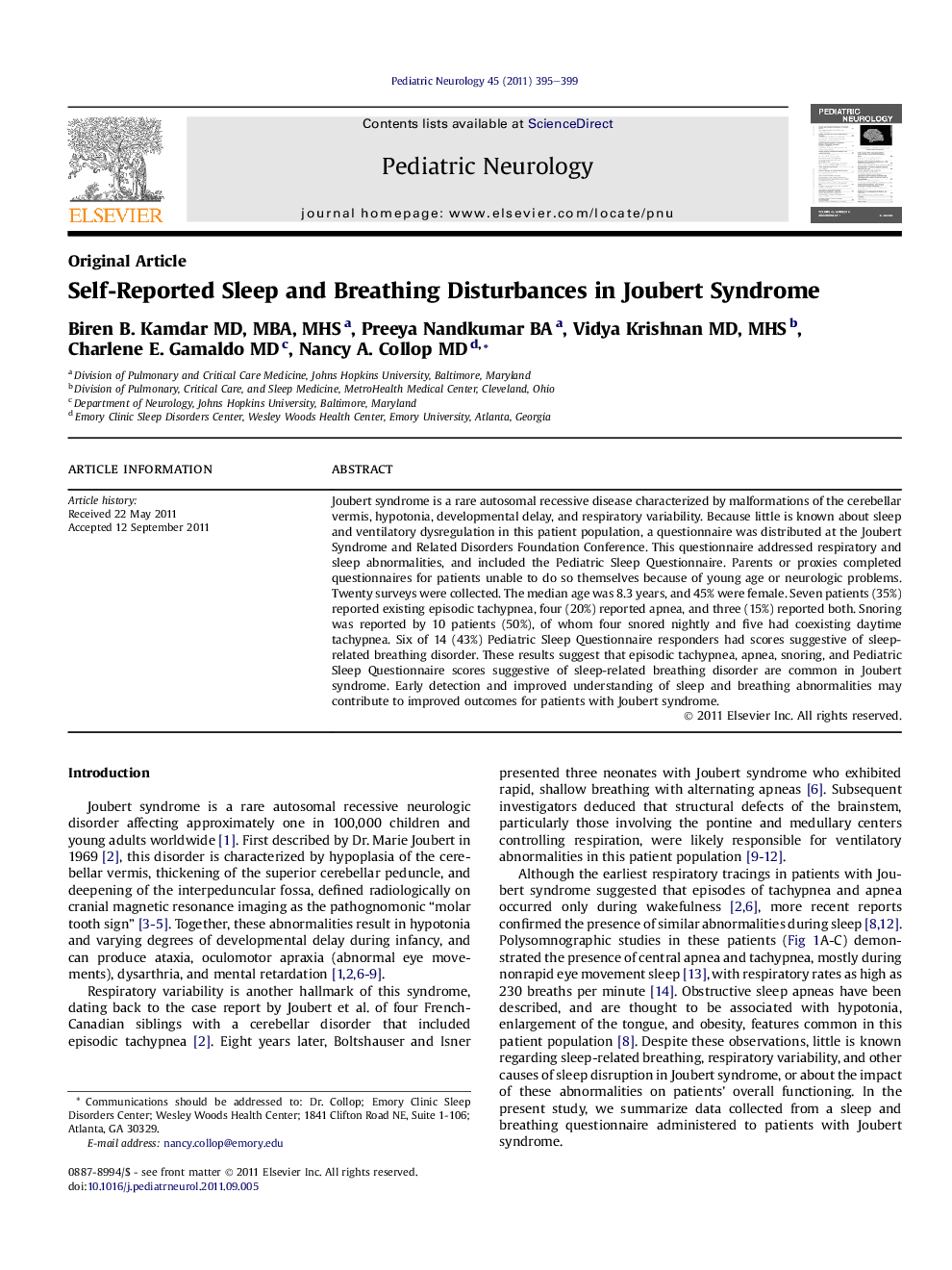Self-Reported Sleep and Breathing Disturbances in Joubert Syndrome