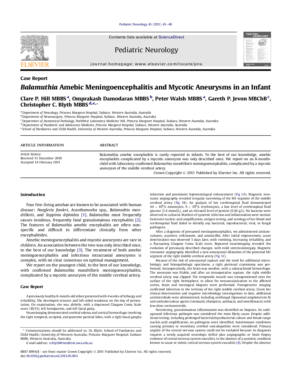 عکس صفحه اول مقاله: Balamuthia Amebic Meningoencephalitis and Mycotic Aneurysms in an Infant Balamuthia Amebic Meningoencephalitis and Mycotic Aneurysms in an Infant