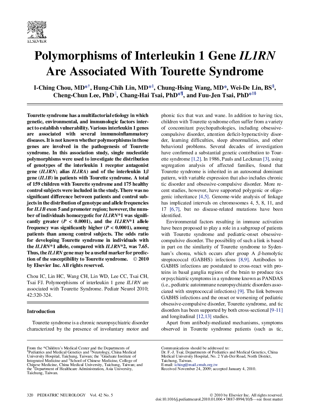 Polymorphisms of Interleukin 1 Gene IL1RN Are Associated With Tourette Syndrome