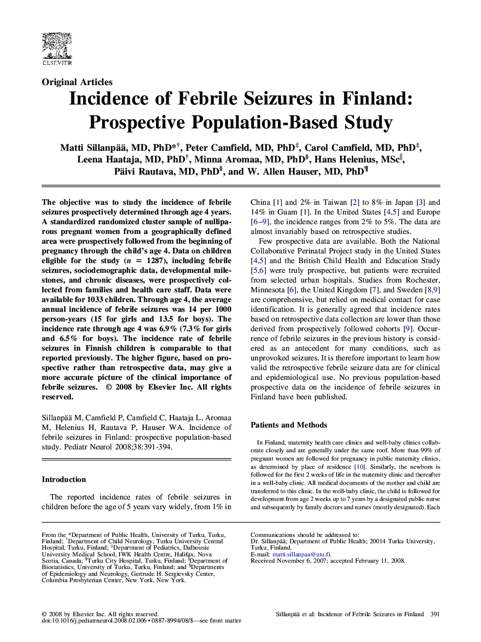 Incidence of Febrile Seizures in Finland: Prospective Population-Based Study