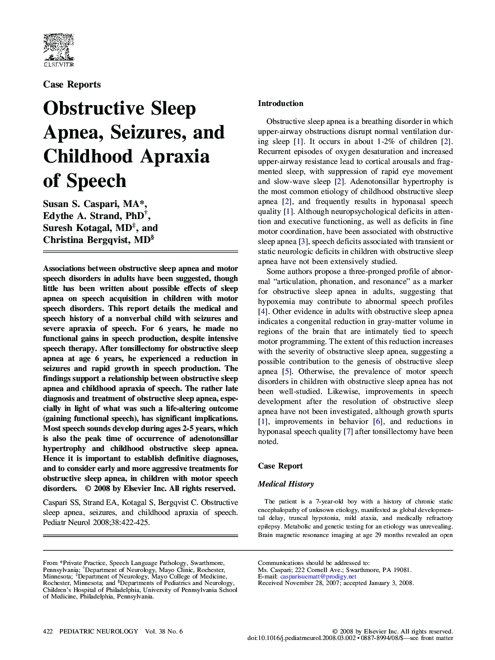 Obstructive Sleep Apnea, Seizures, and Childhood Apraxia of Speech