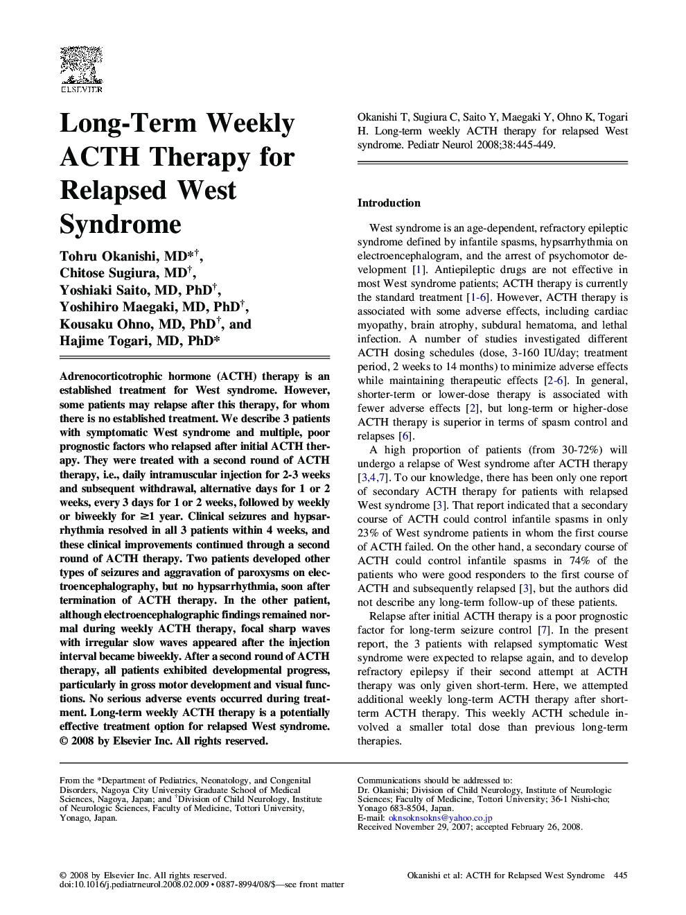 Long-Term Weekly ACTH Therapy for Relapsed West Syndrome