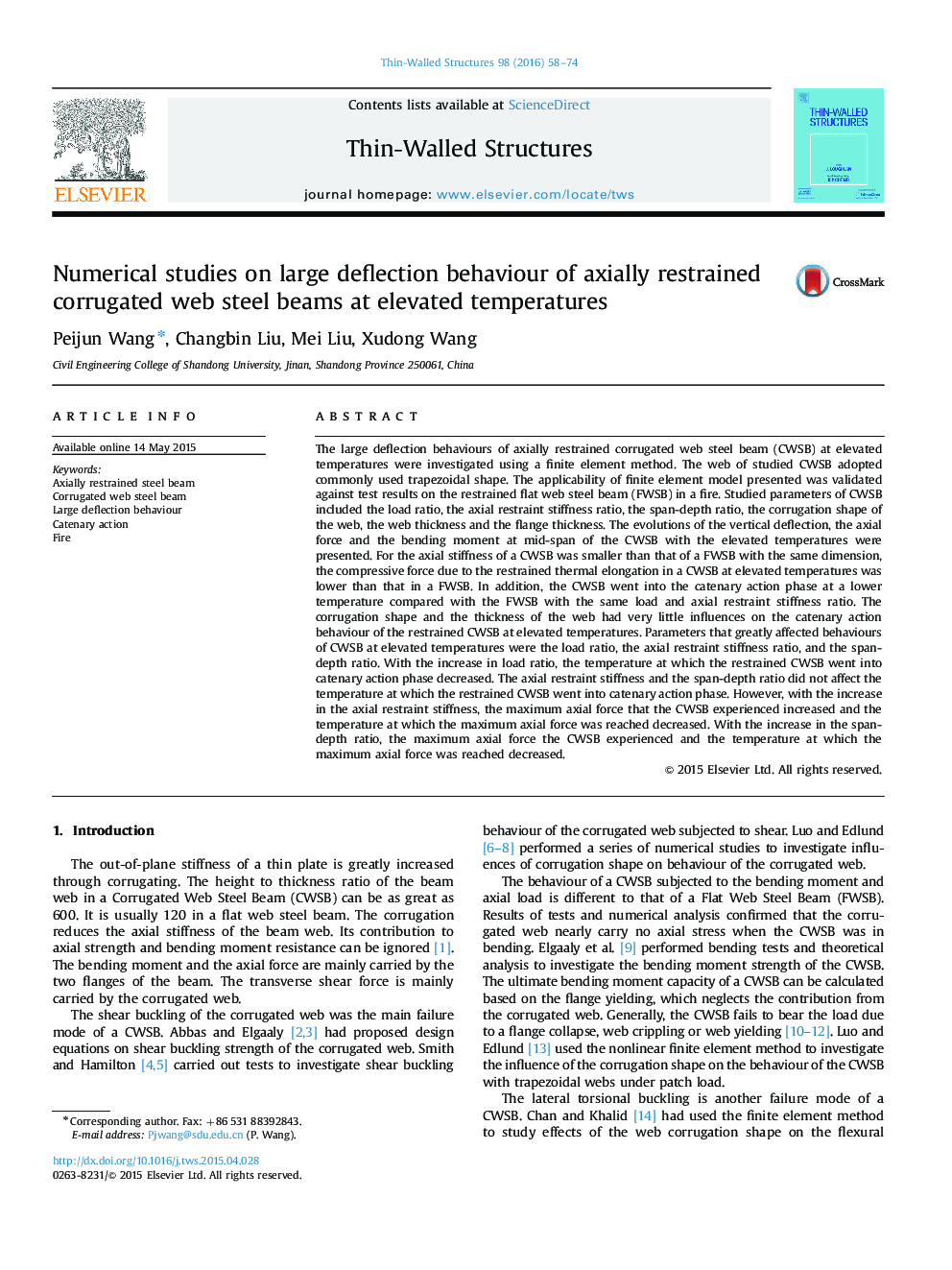 Numerical studies on large deflection behaviour of axially restrained corrugated web steel beams at elevated temperatures