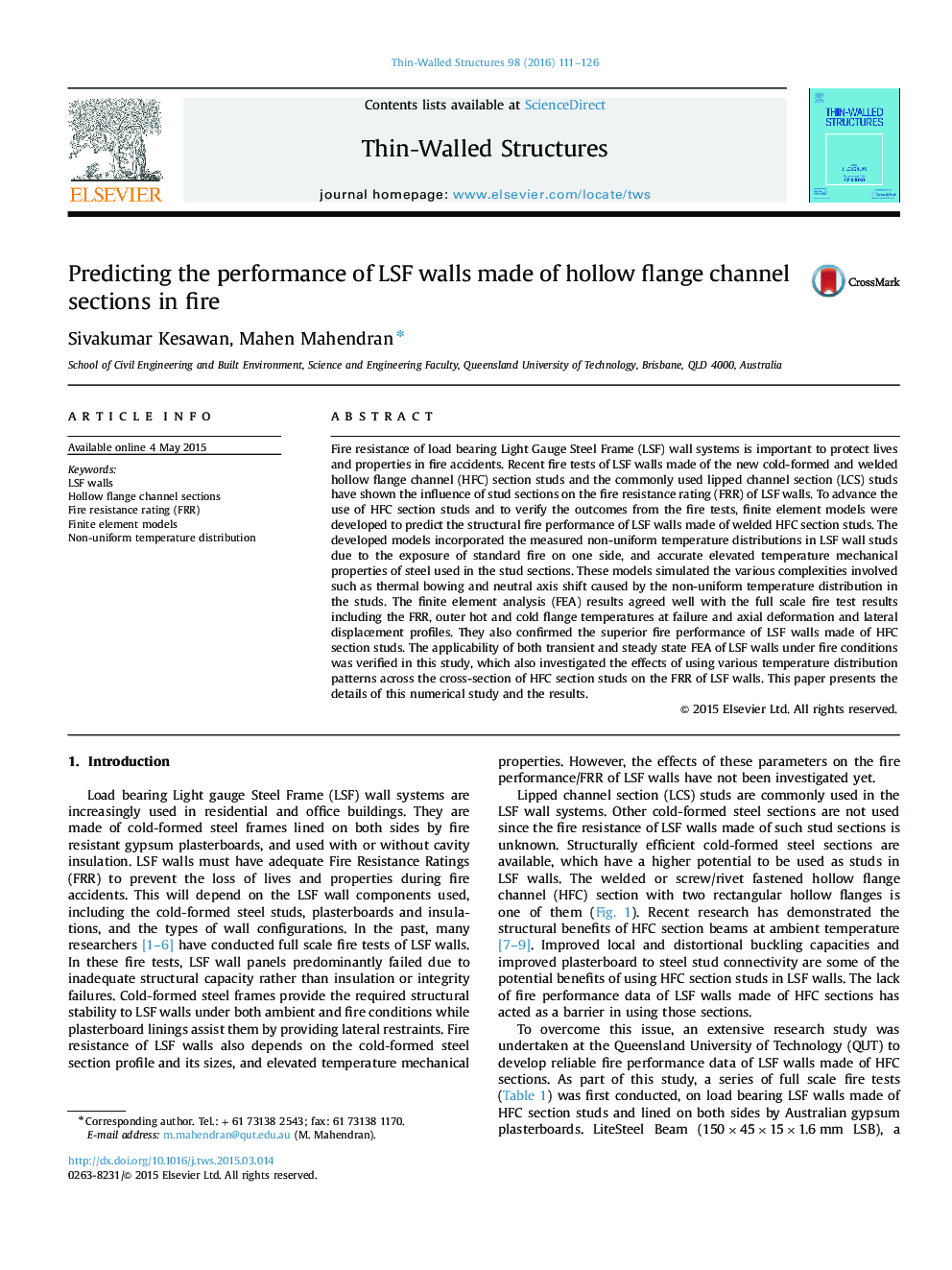 Predicting the performance of LSF walls made of hollow flange channel sections in fire