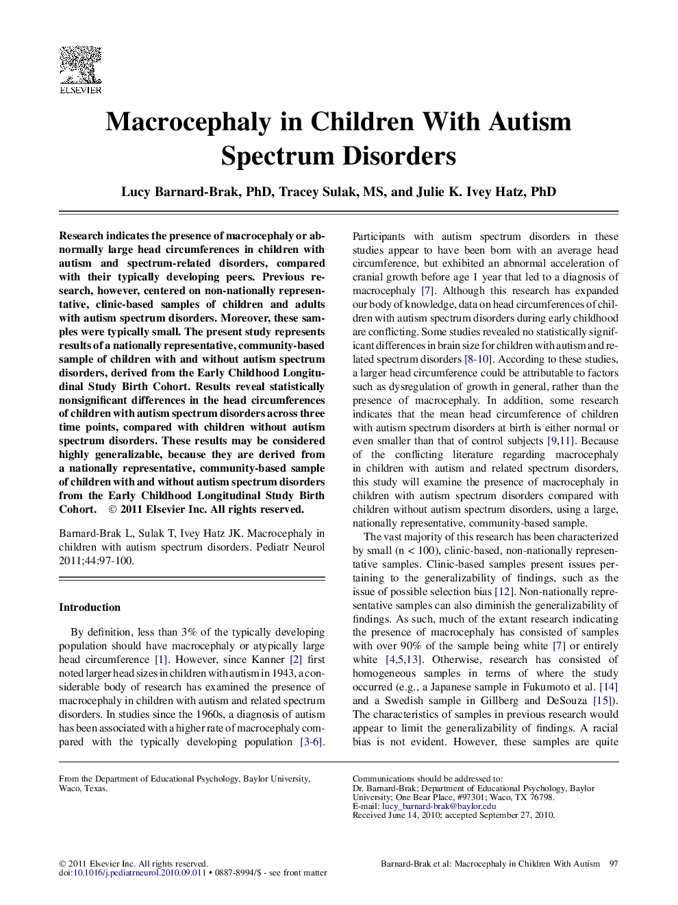 Macrocephaly in Children With Autism Spectrum Disorders