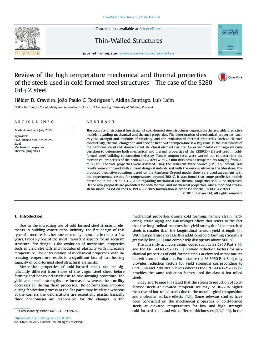 Review of the high temperature mechanical and thermal properties of the steels used in cold formed steel structures – The case of the S280 Gd+Z steel