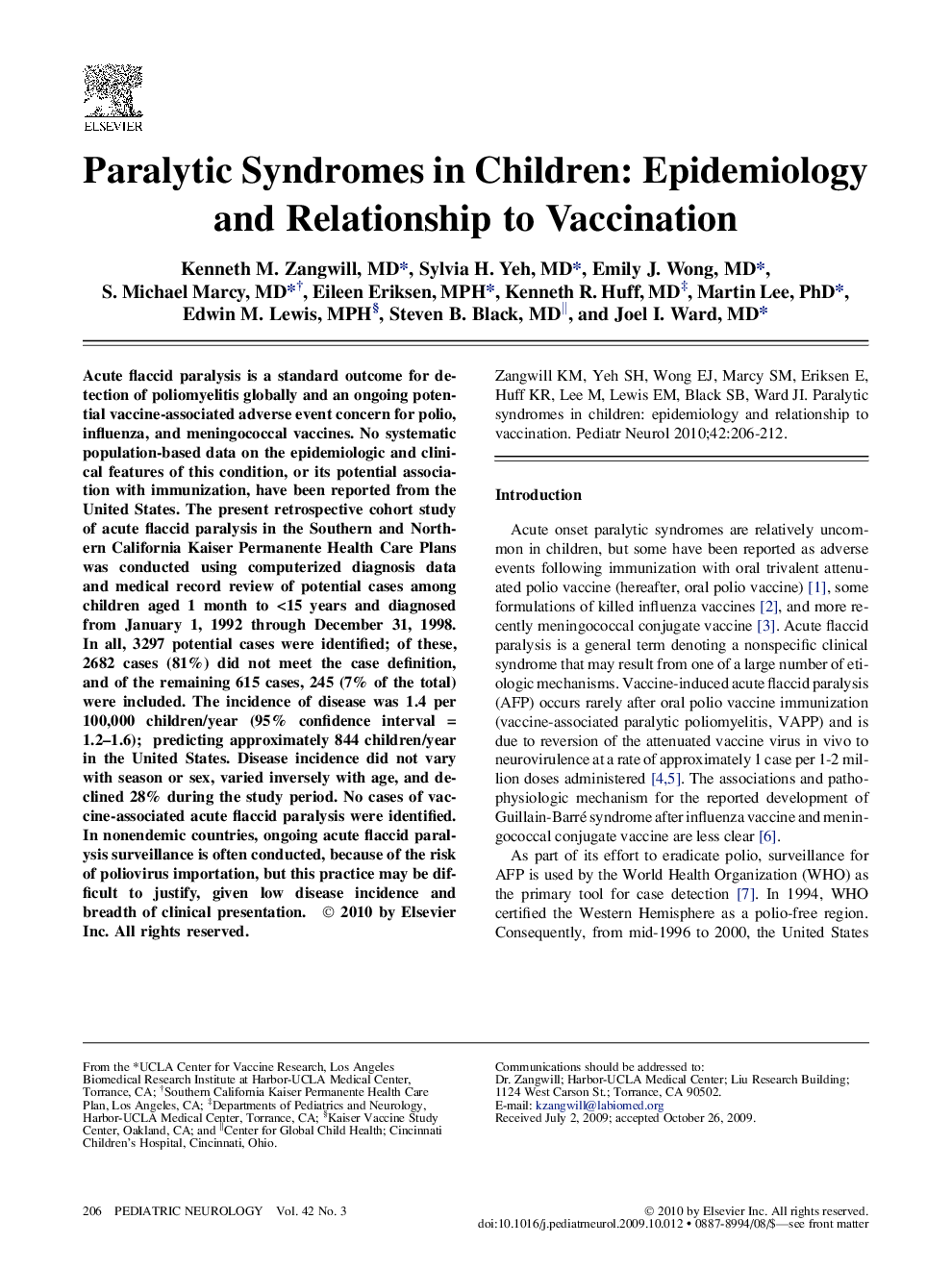 Paralytic Syndromes in Children: Epidemiology and Relationship to Vaccination