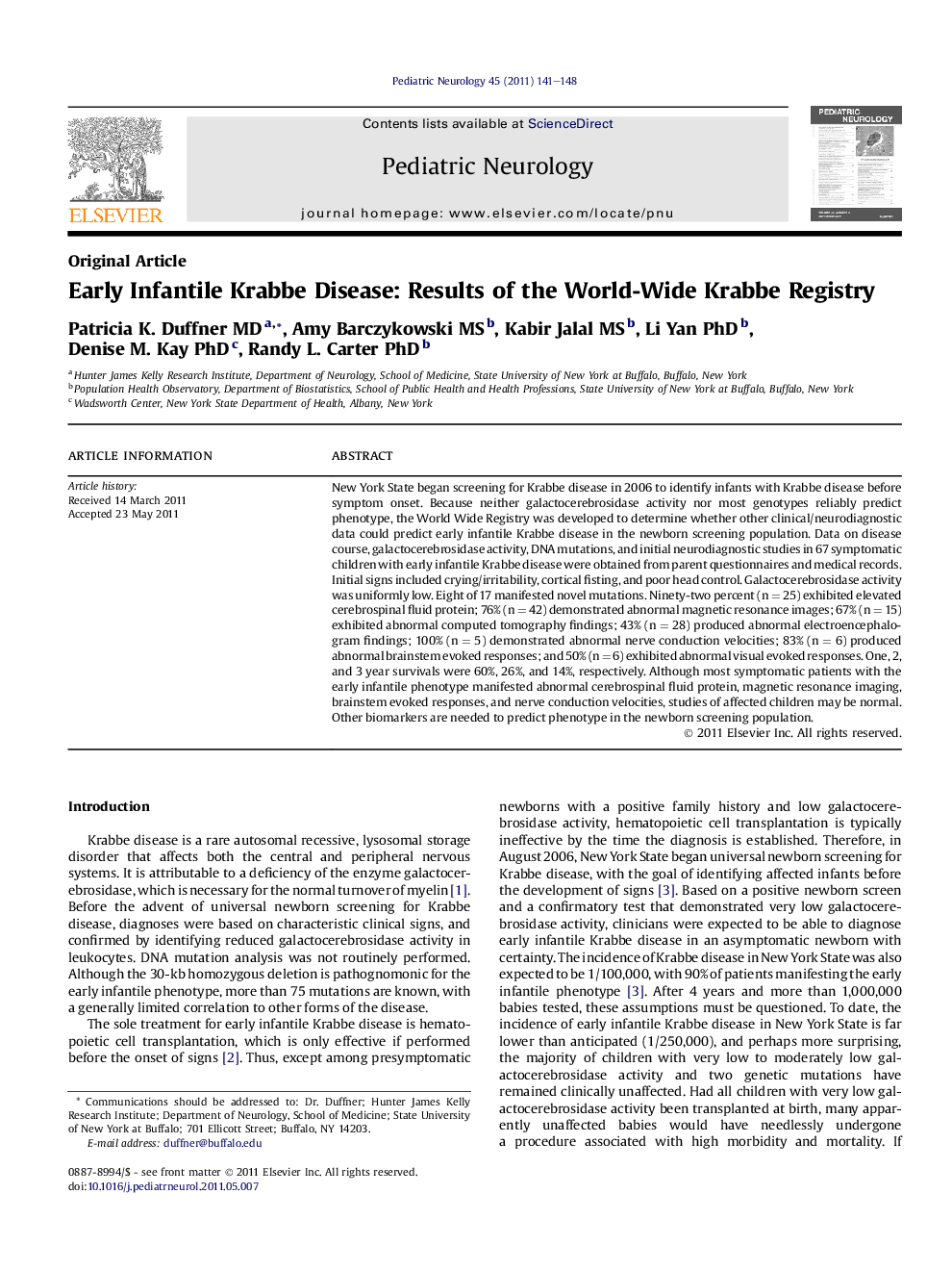 عکس صفحه اول مقاله: Early Infantile Krabbe Disease: Results of the World-Wide Krabbe Registry Early Infantile Krabbe Disease: Results of the World-Wide Krabbe Registry