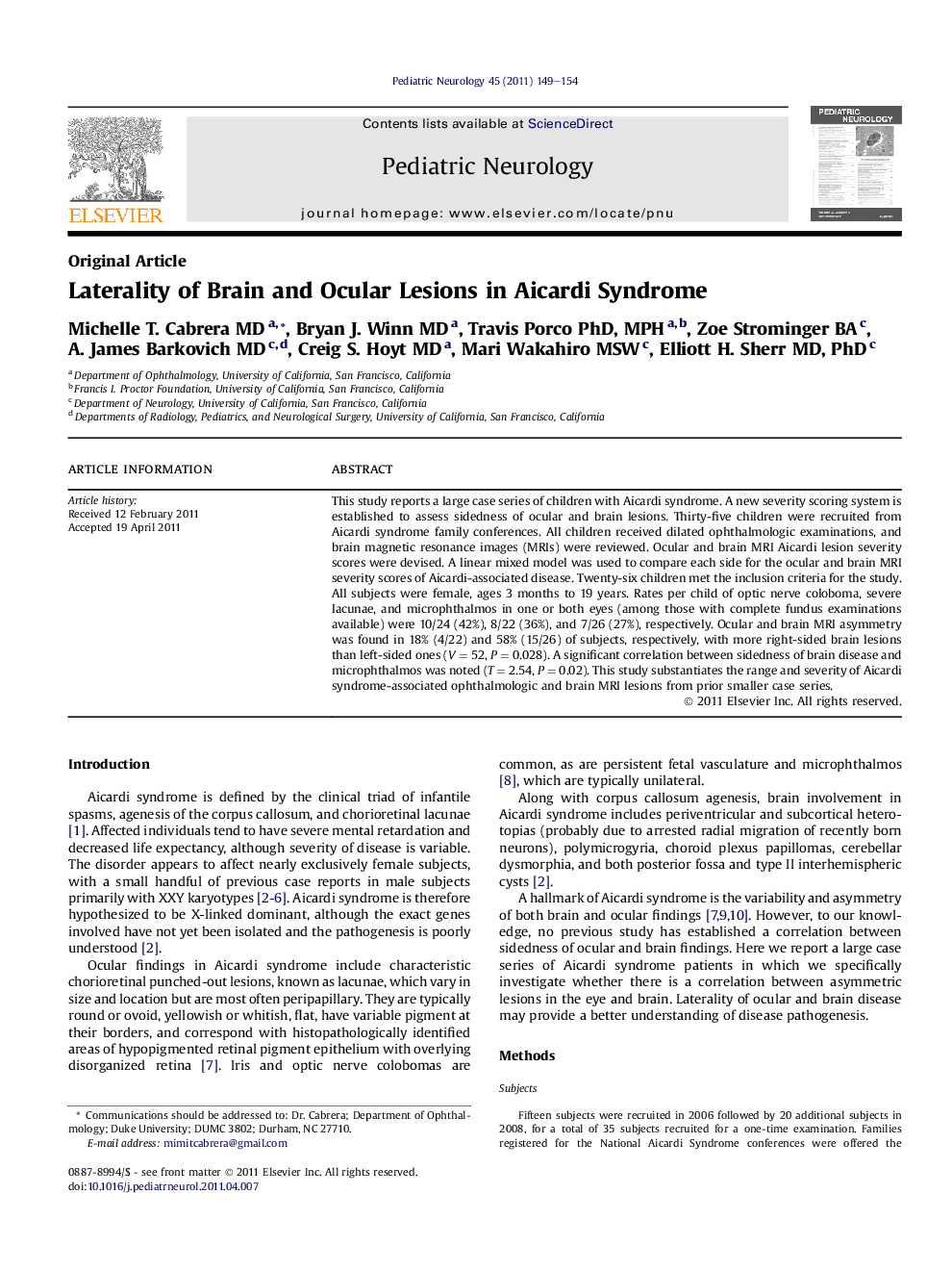 Laterality of Brain and Ocular Lesions in Aicardi Syndrome