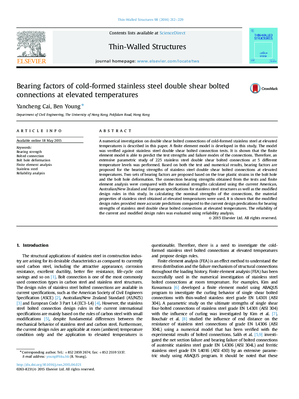 Bearing factors of cold-formed stainless steel double shear bolted connections at elevated temperatures