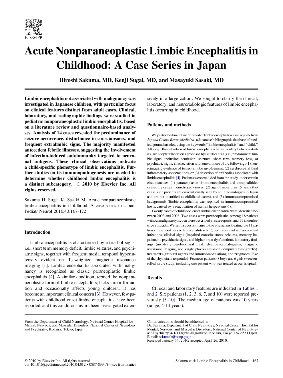 Acute Nonparaneoplastic Limbic Encephalitis in Childhood: A Case Series in Japan