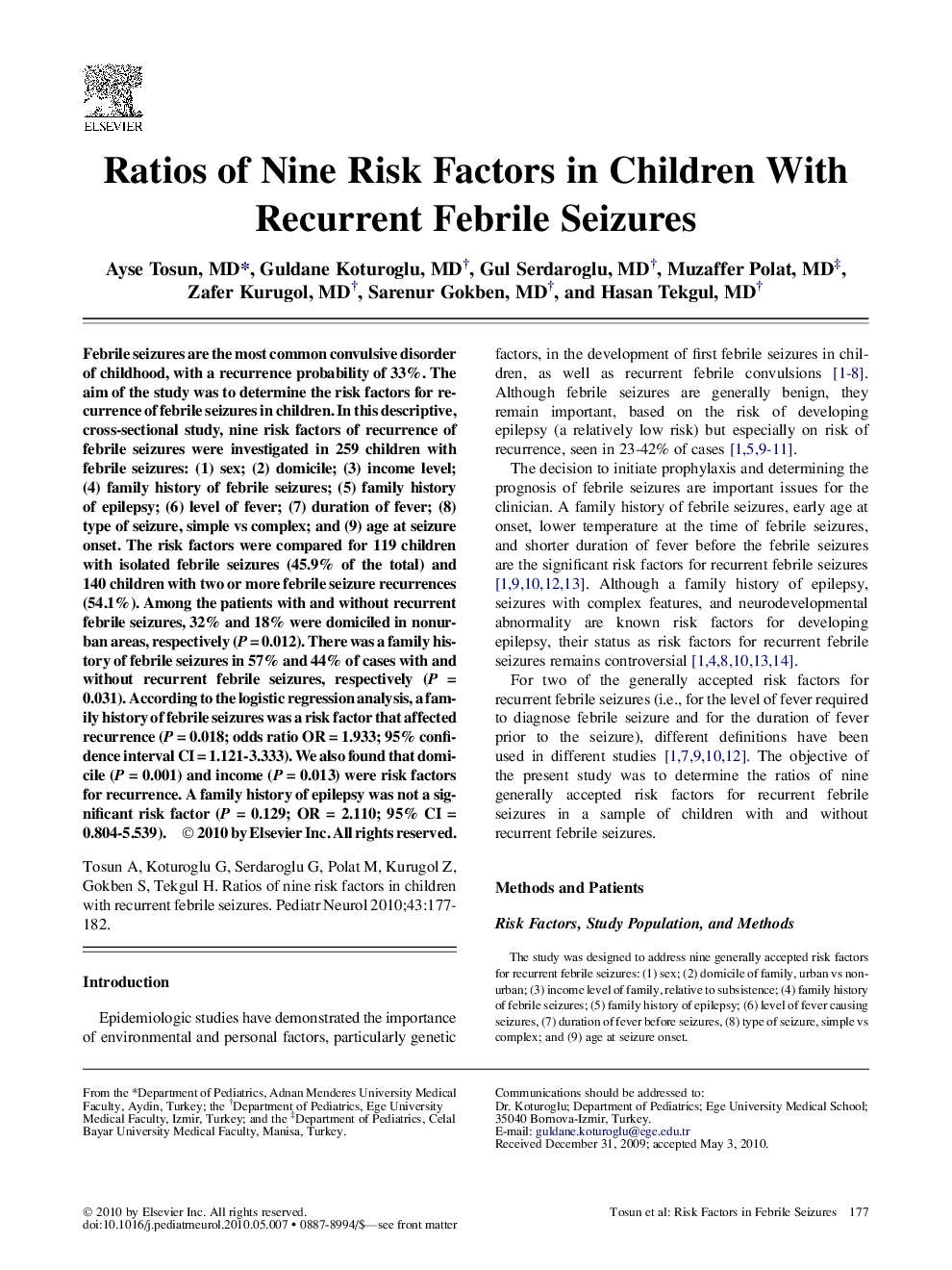 Ratios of Nine Risk Factors in Children With Recurrent Febrile Seizures