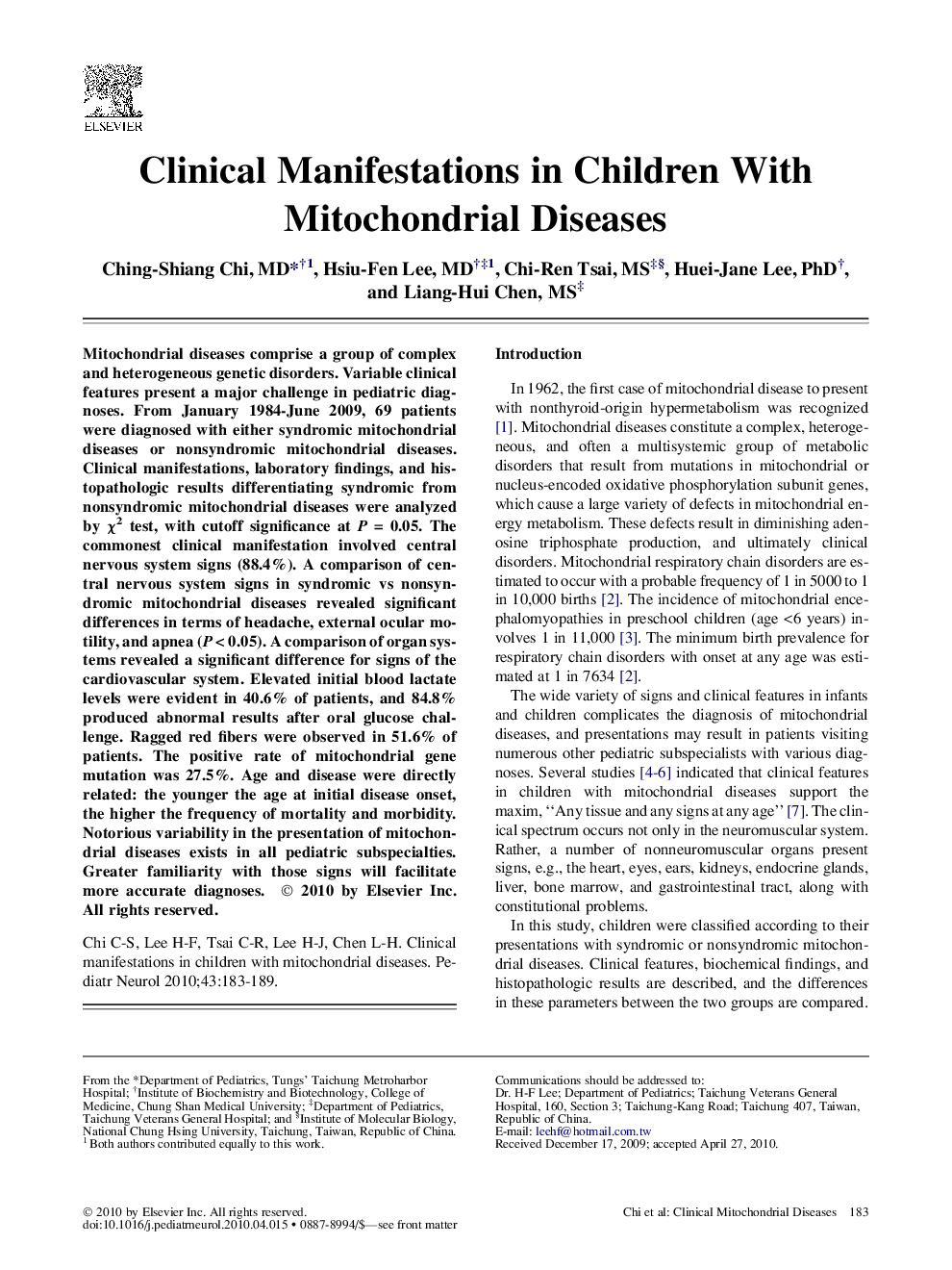 Clinical Manifestations in Children With Mitochondrial Diseases