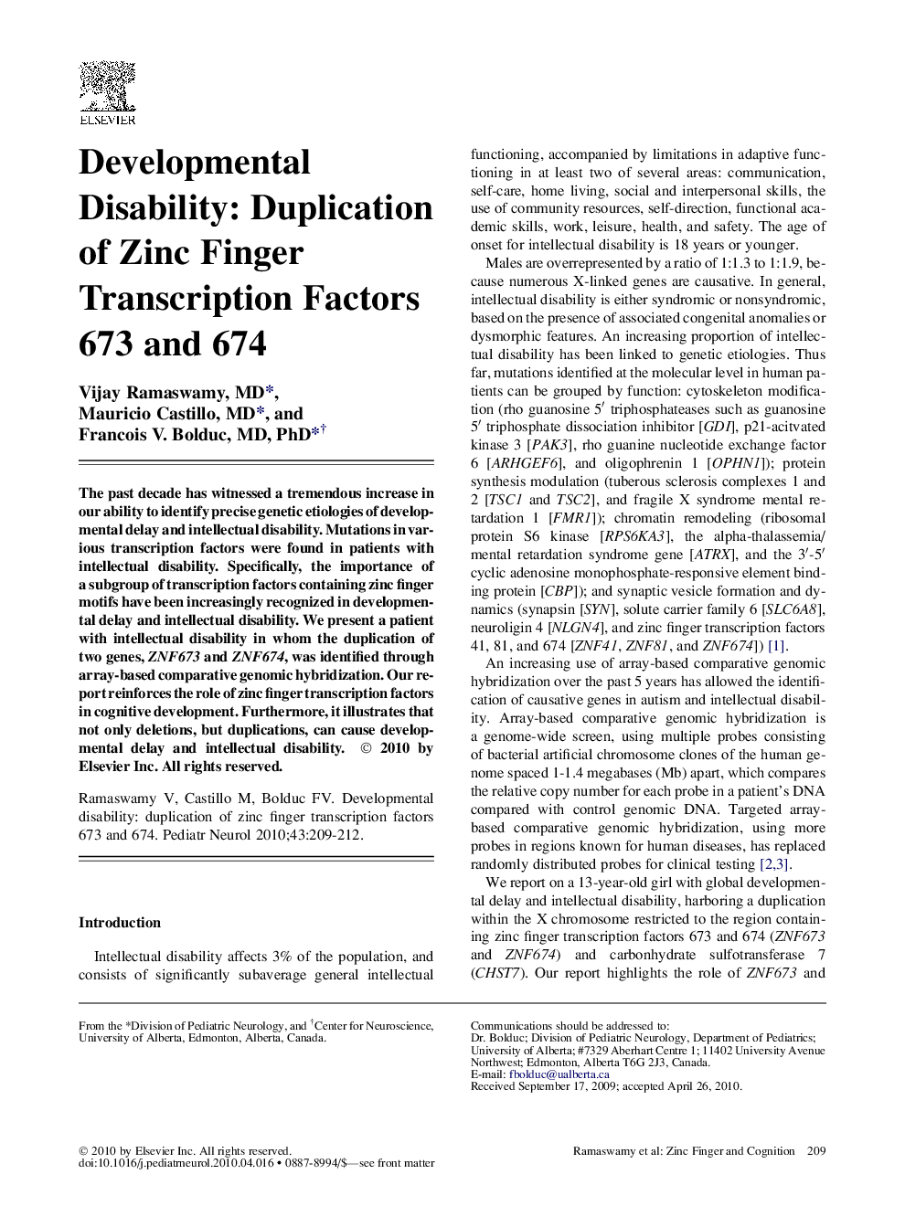 Developmental Disability: Duplication of Zinc Finger Transcription Factors 673 and 674