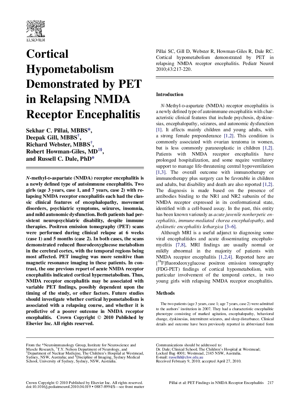 Cortical Hypometabolism Demonstrated by PET in Relapsing NMDA Receptor Encephalitis
