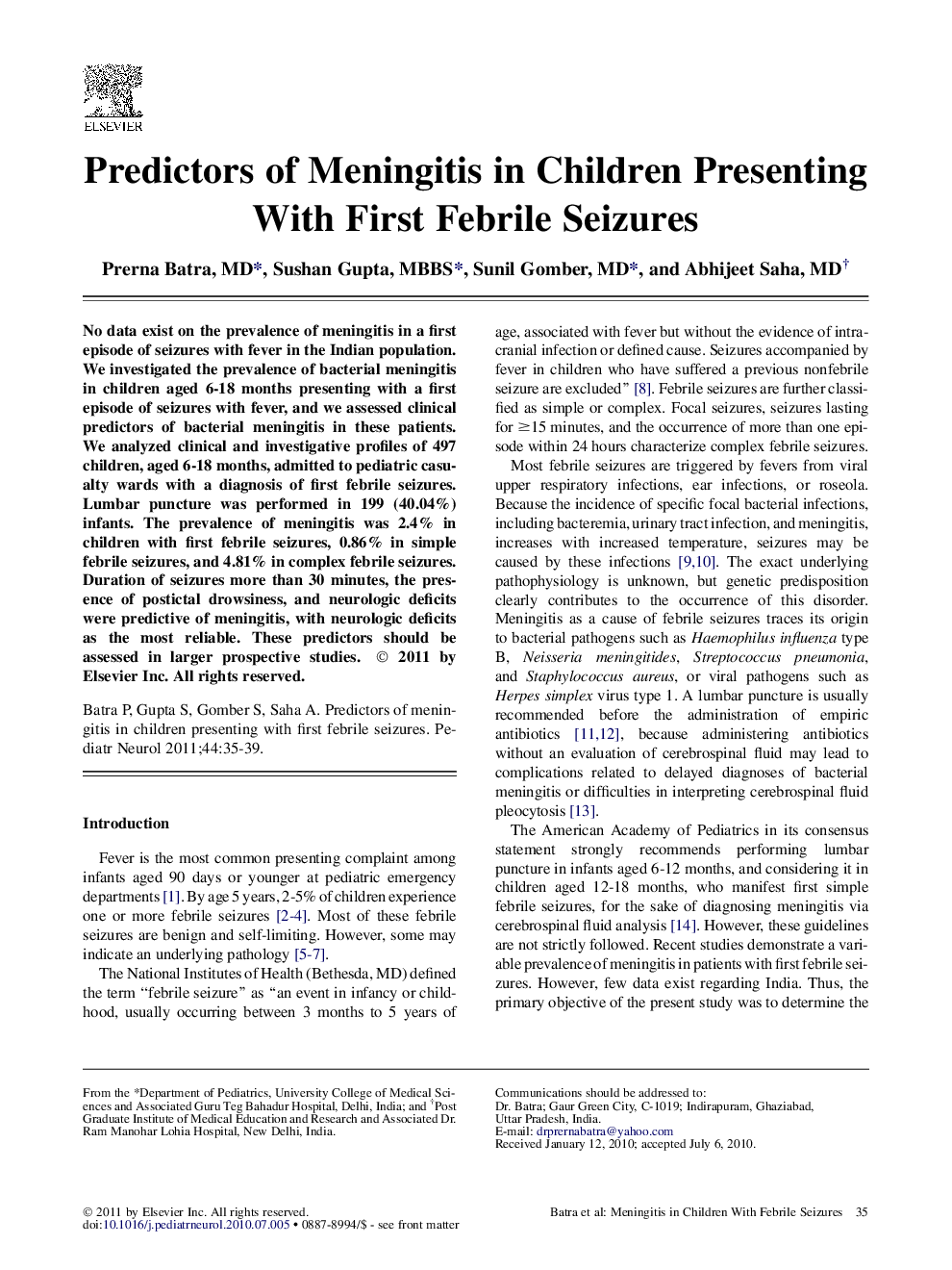 عکس صفحه اول مقاله: Predictors of Meningitis in Children Presenting With First Febrile Seizures Predictors of Meningitis in Children Presenting With First Febrile Seizures